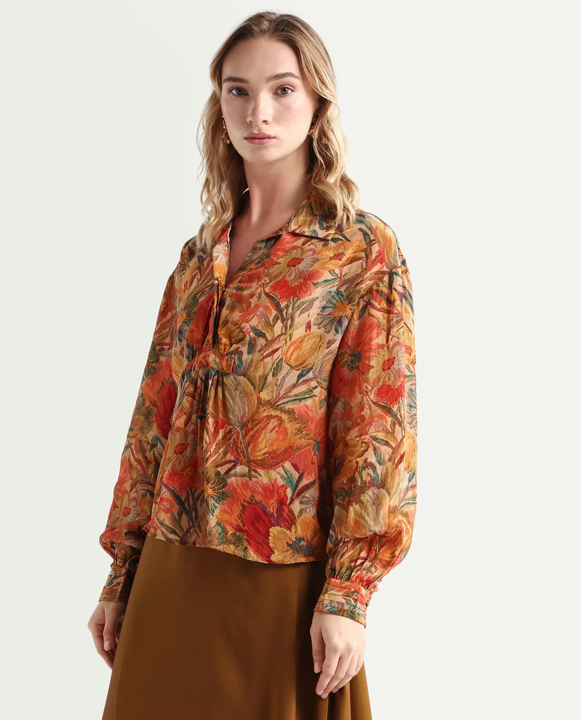 Rareism Women's Ronib Multi Viscose Collared Floral Print Bishop Sleeve Relaxed Fit Top