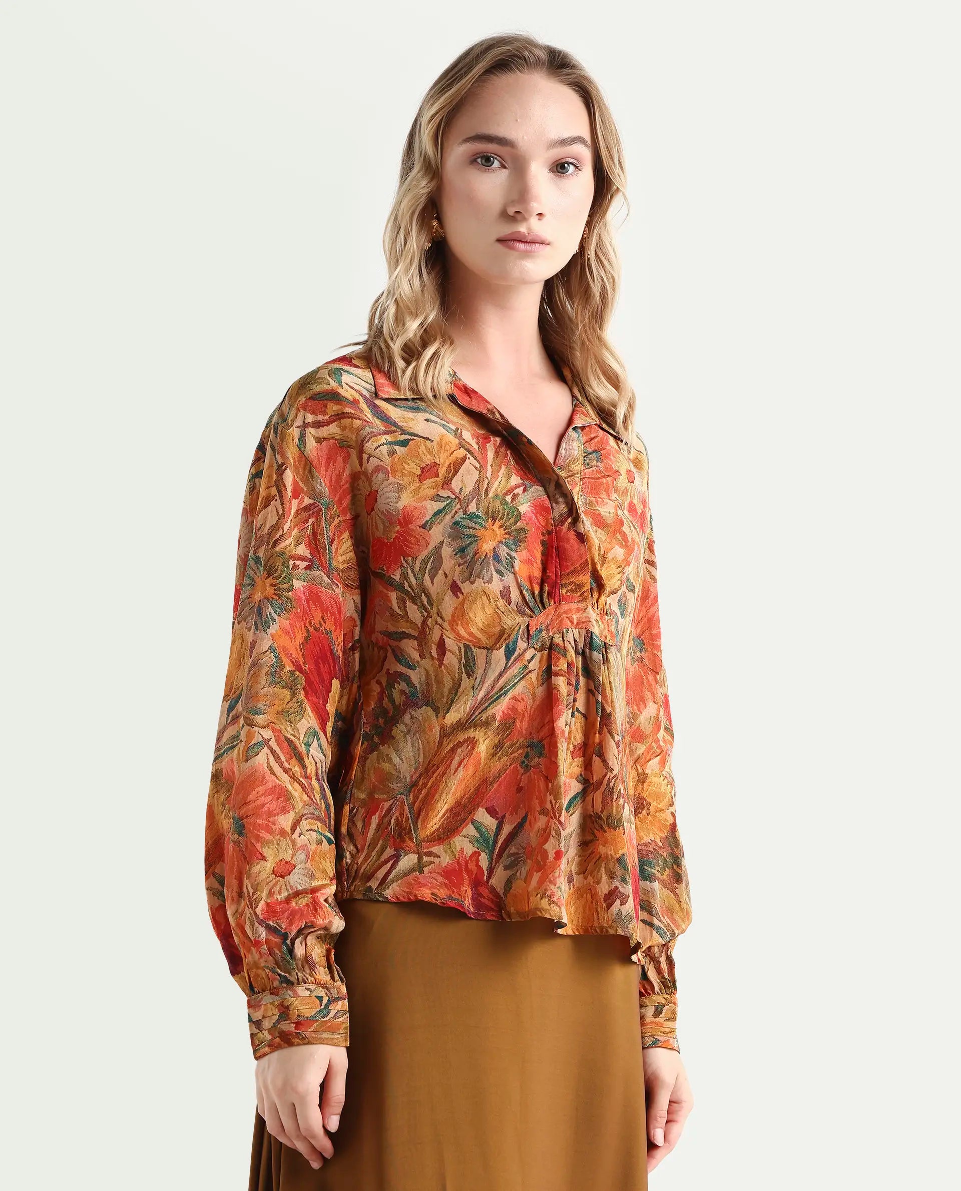 Rareism Women's Ronib Multi Viscose Collared Floral Print Bishop Sleeve Relaxed Fit Top