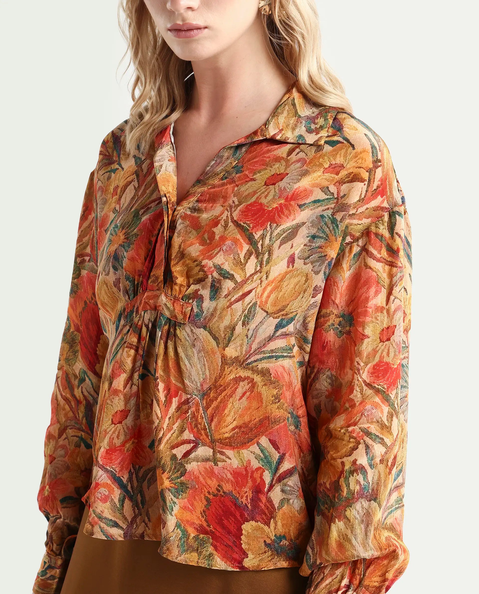 Rareism Women's Ronib Multi Viscose Collared Floral Print Bishop Sleeve Relaxed Fit Top