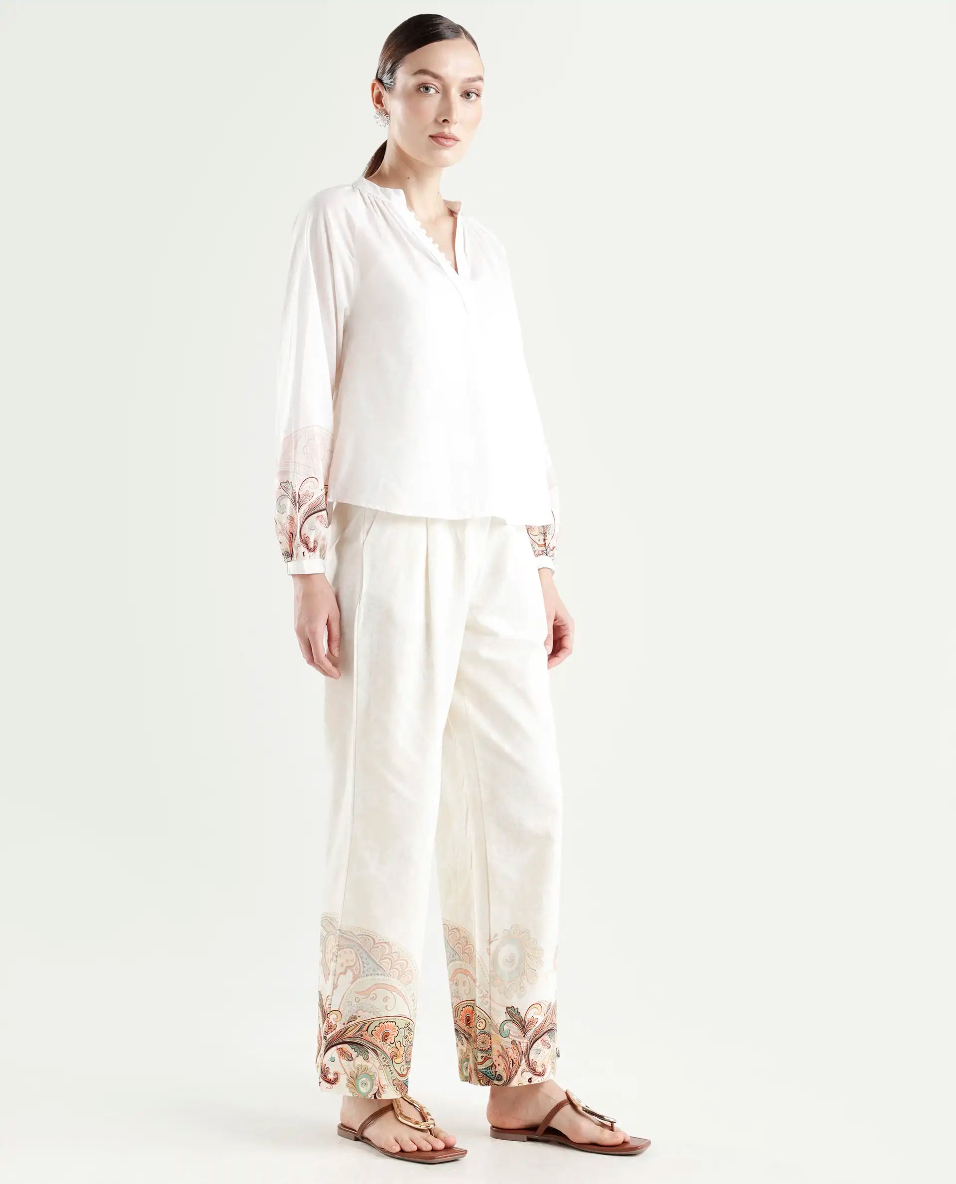 Rareism Women's Roniv B Beige Cotton Paisley Print Ankle Length Wide Trouser