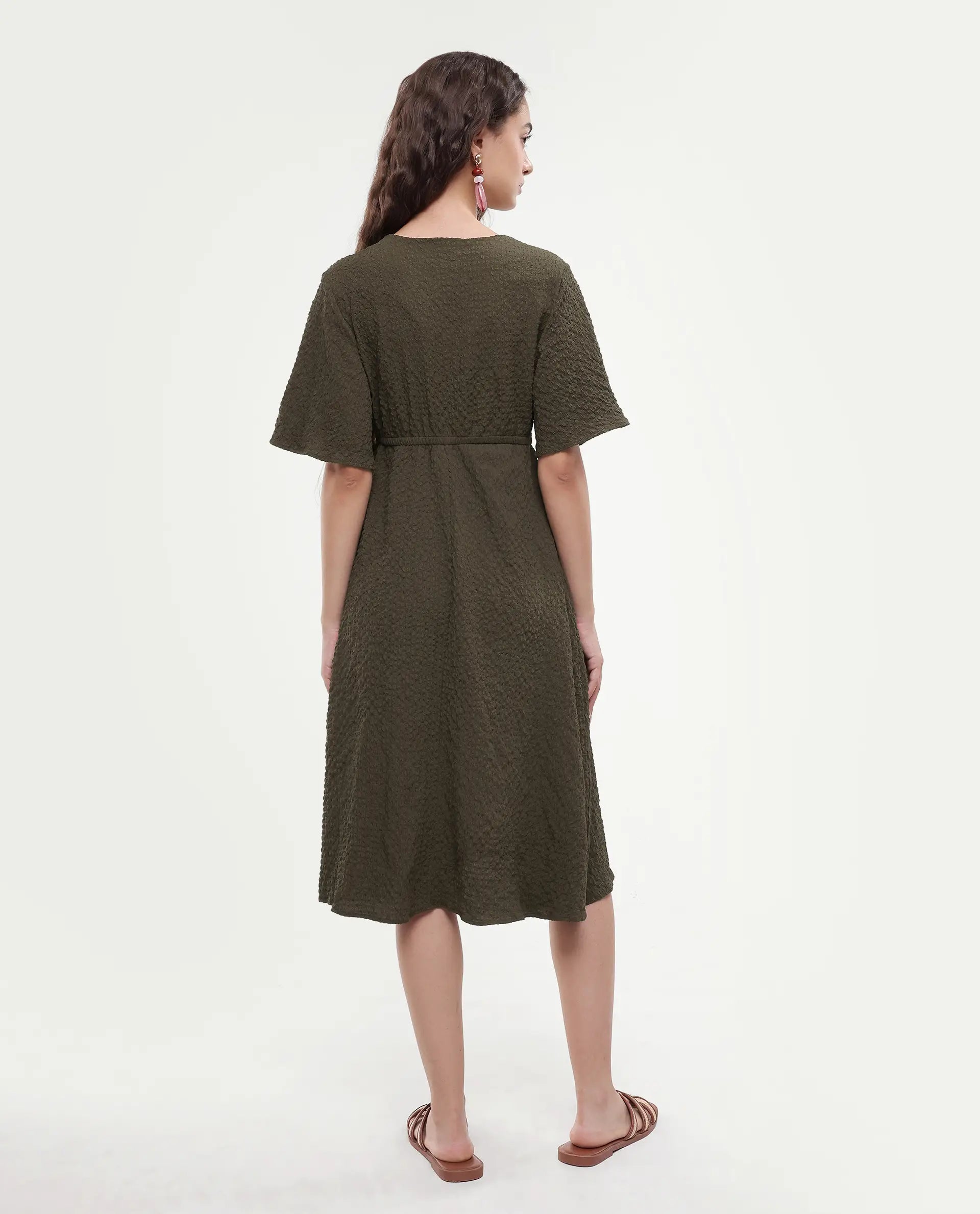 Rareism Women's Ronmien Olive Polyester V-Neck Plain Bell Sleeve Midi A-Line Dress