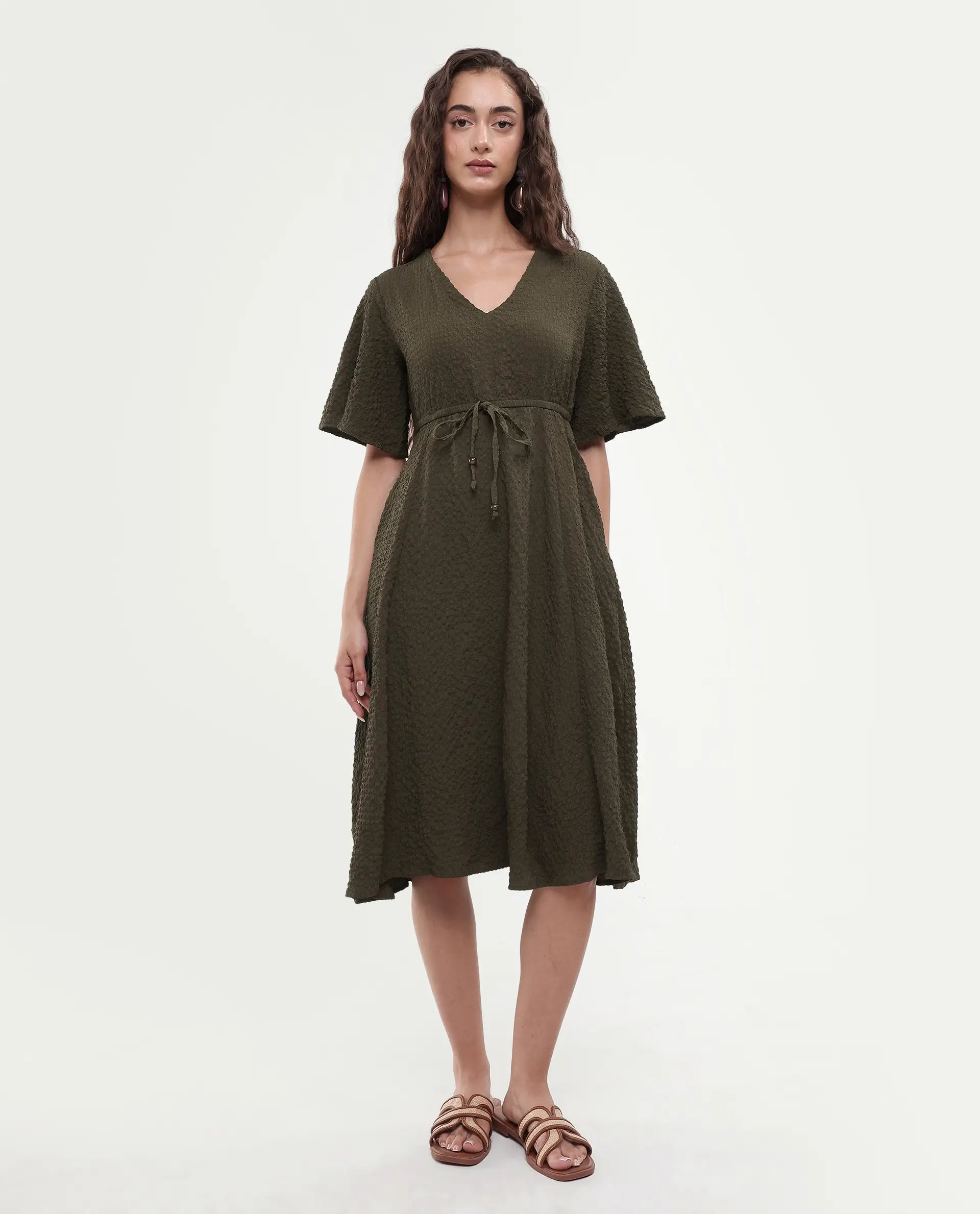 Rareism Women's Ronmien Olive Polyester V-Neck Plain Bell Sleeve Midi A-Line Dress
