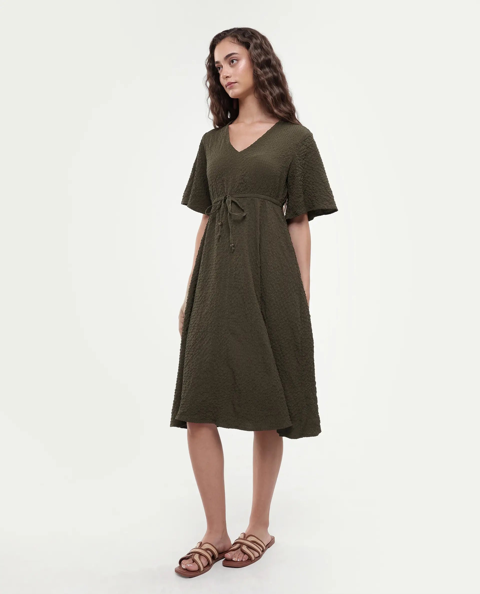Rareism Women's Ronmien Olive Polyester V-Neck Plain Bell Sleeve Midi A-Line Dress