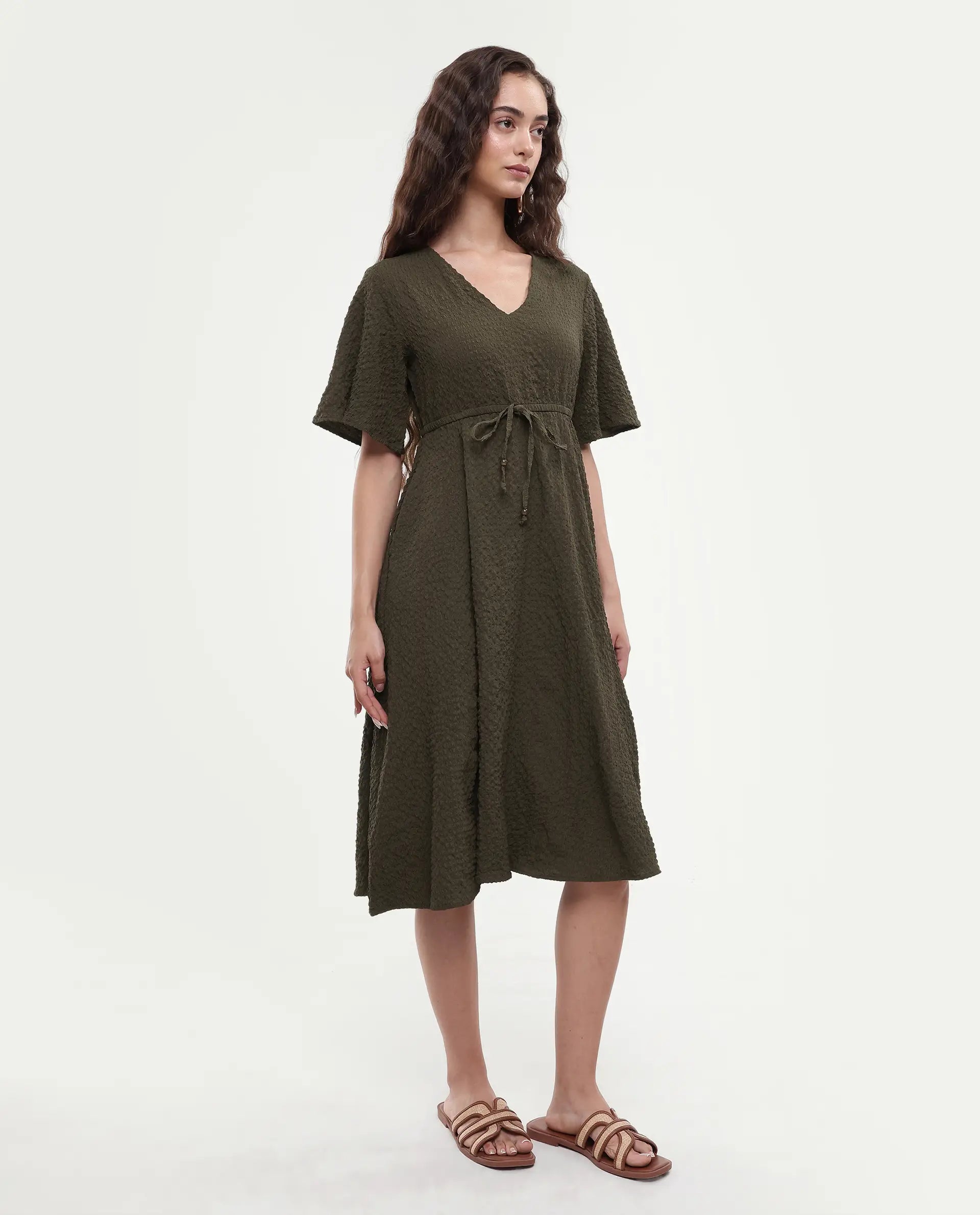Rareism Women's Ronmien Olive Polyester V-Neck Plain Bell Sleeve Midi A-Line Dress