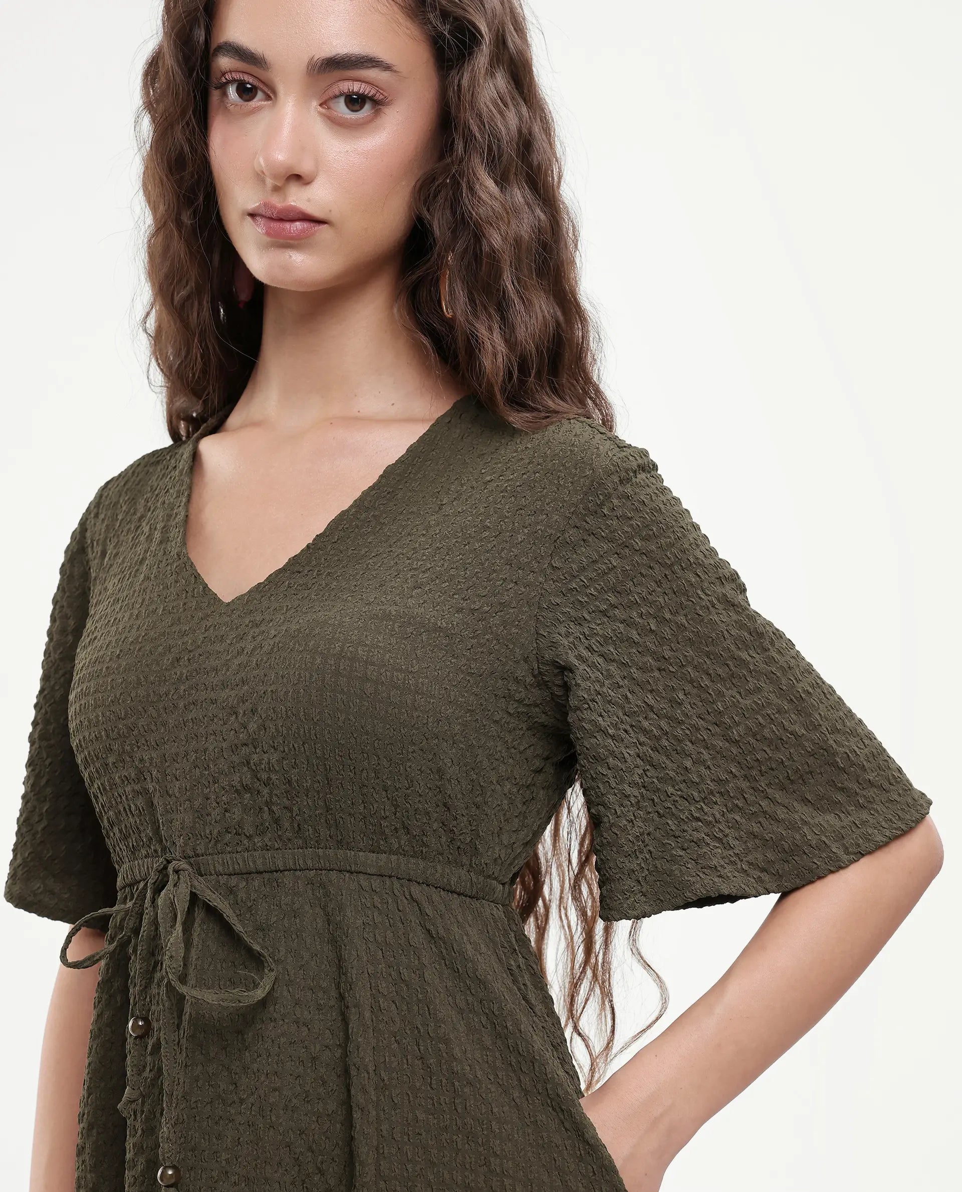 Rareism Women's Ronmien Olive Polyester V-Neck Plain Bell Sleeve Midi A-Line Dress