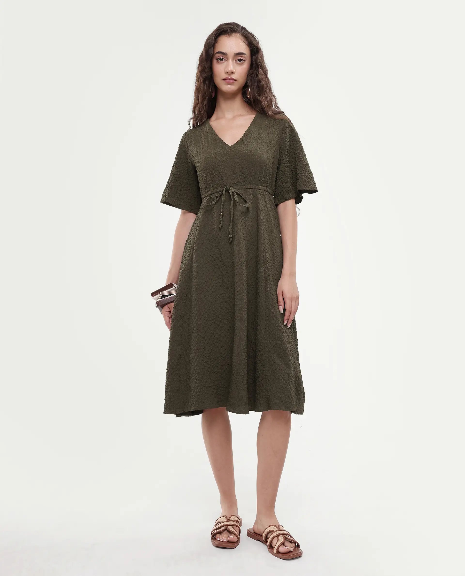Rareism Women's Ronmien Olive Polyester V-Neck Plain Bell Sleeve Midi A-Line Dress