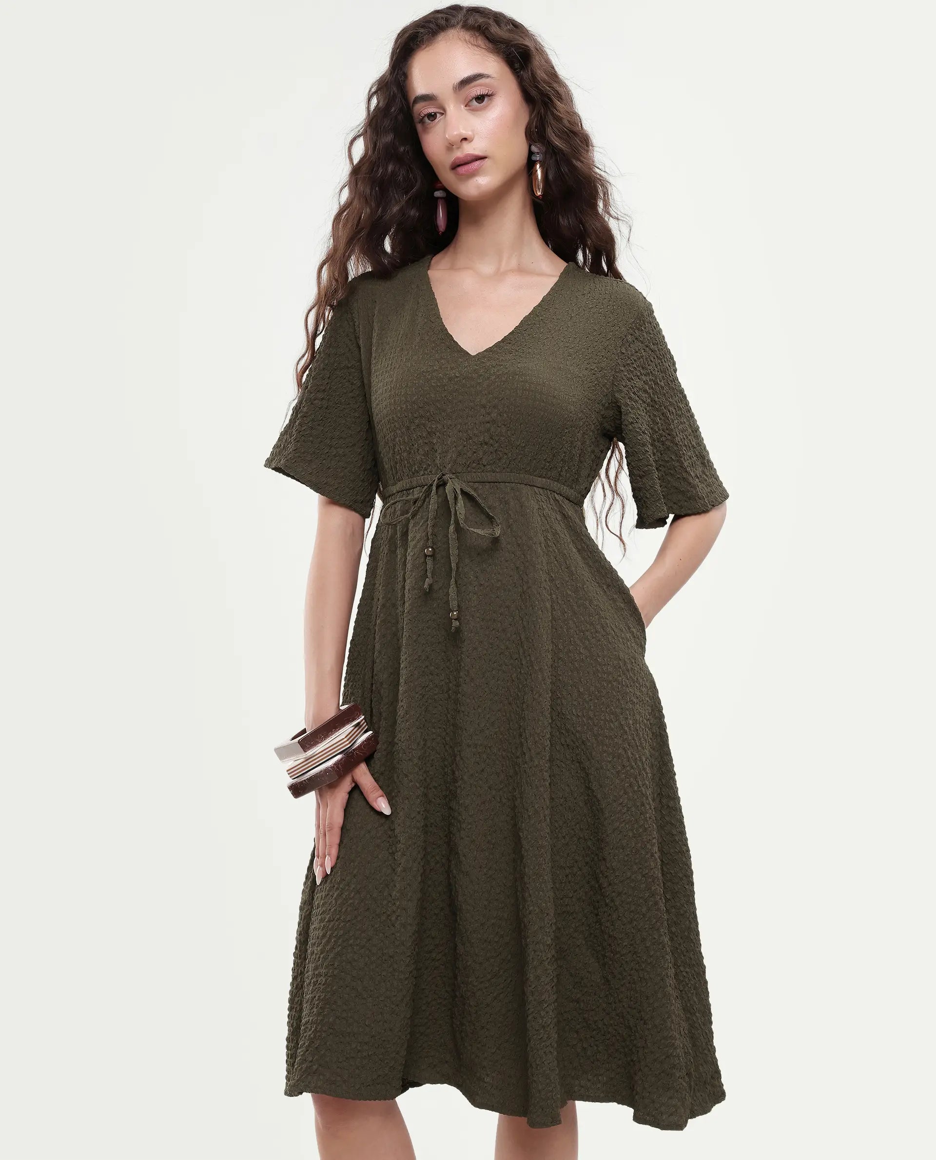 Rareism Women's Ronmien Olive Polyester V-Neck Plain Bell Sleeve Midi A-Line Dress
