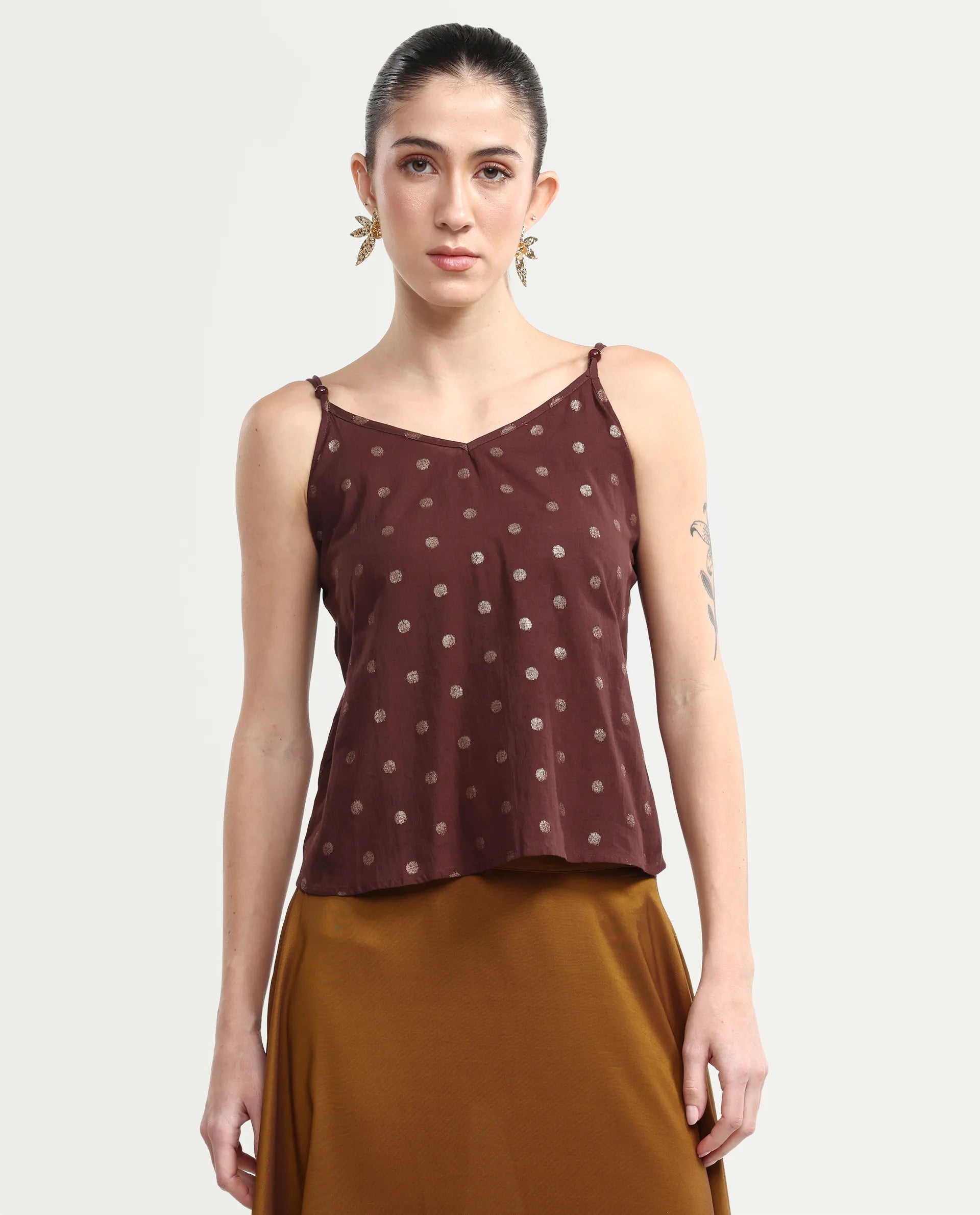 Rareism Women's Ronn Dusky Brown Cotton V-Neck Plain Sleeveless Relaxed Fit Top
