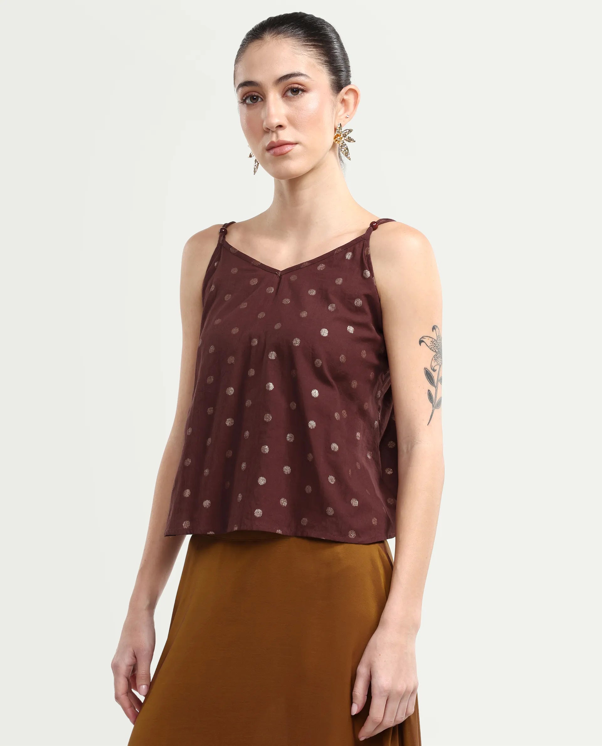 Rareism Women's Ronn Dusky Brown Cotton V-Neck Plain Sleeveless Relaxed Fit Top