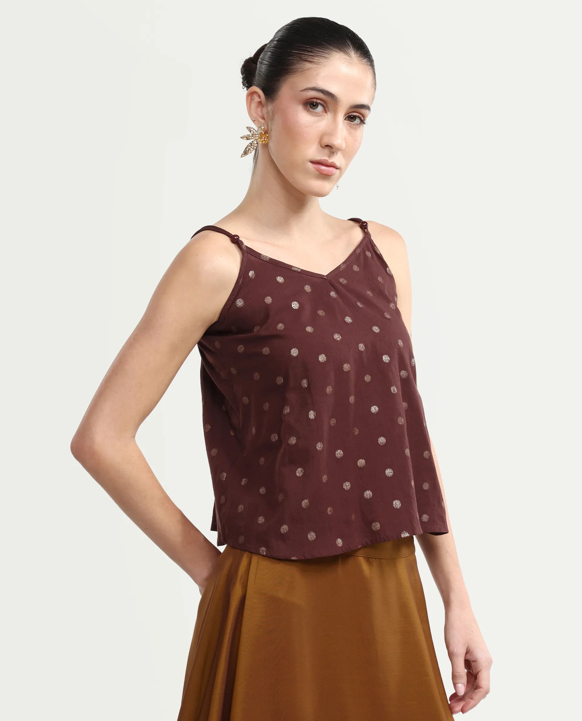 Rareism Women's Ronn Dusky Brown Cotton V-Neck Plain Sleeveless Relaxed Fit Top