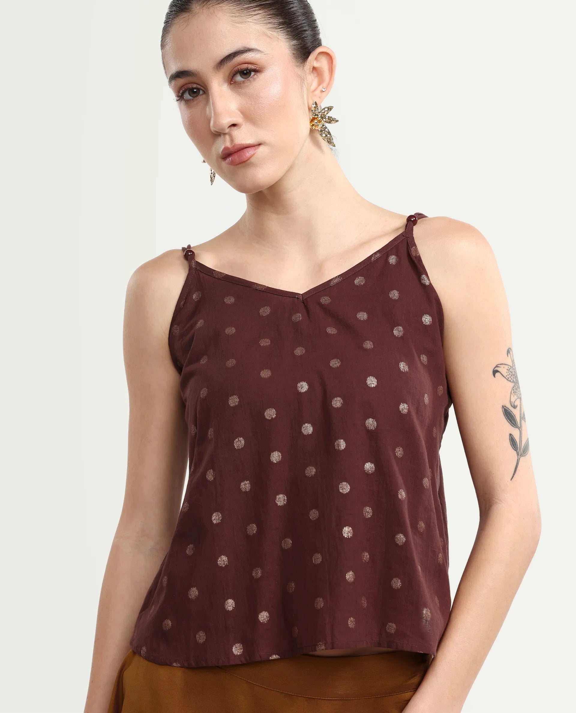 Rareism Women's Ronn Dusky Brown Cotton V-Neck Plain Sleeveless Relaxed Fit Top