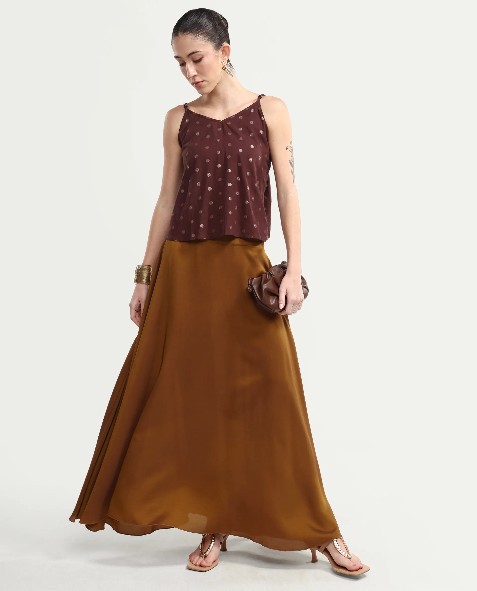 Rareism Women's Ronn Dusky Brown Cotton V-Neck Plain Sleeveless Relaxed Fit Top