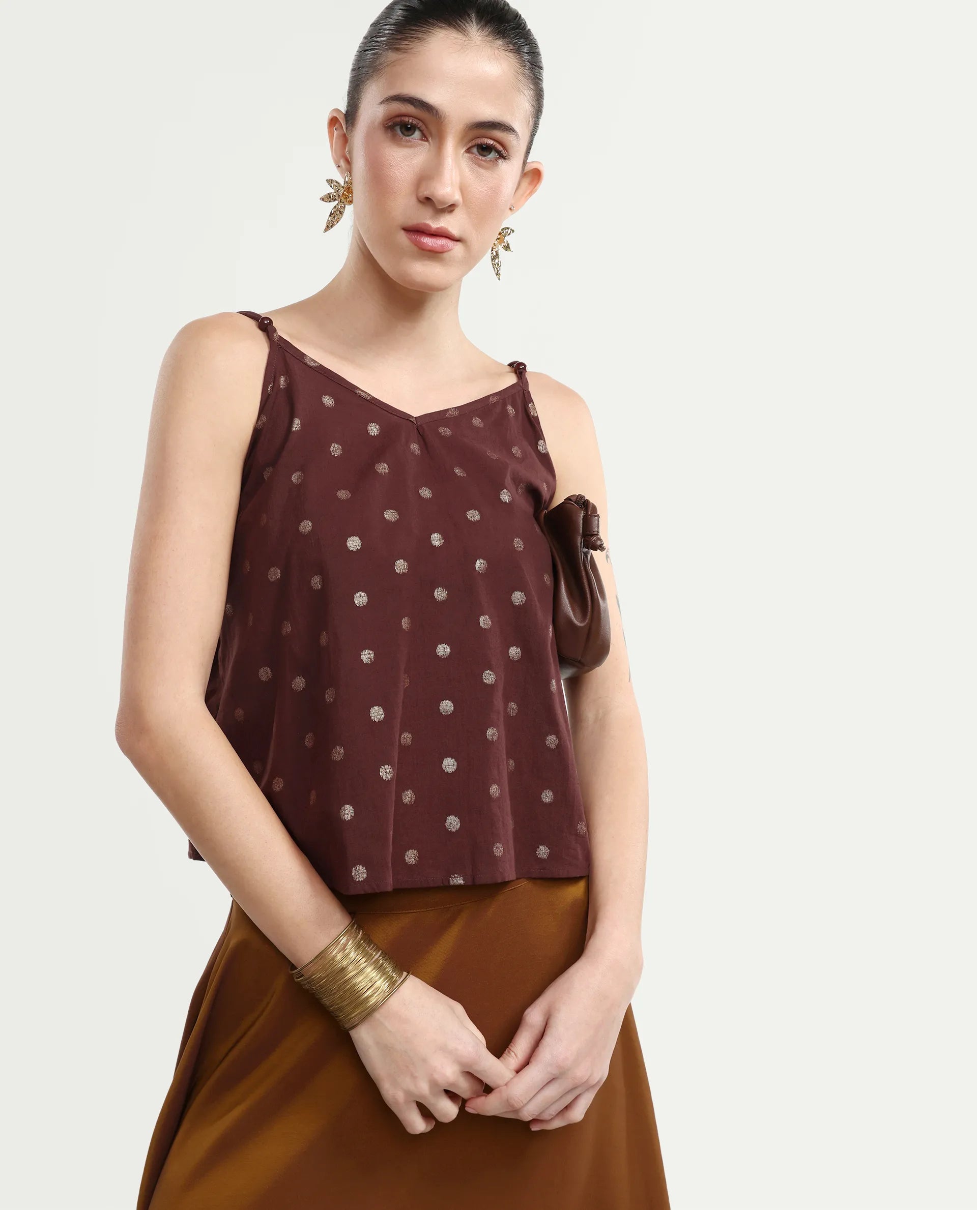 Rareism Women's Ronn Dusky Brown Cotton V-Neck Plain Sleeveless Relaxed Fit Top