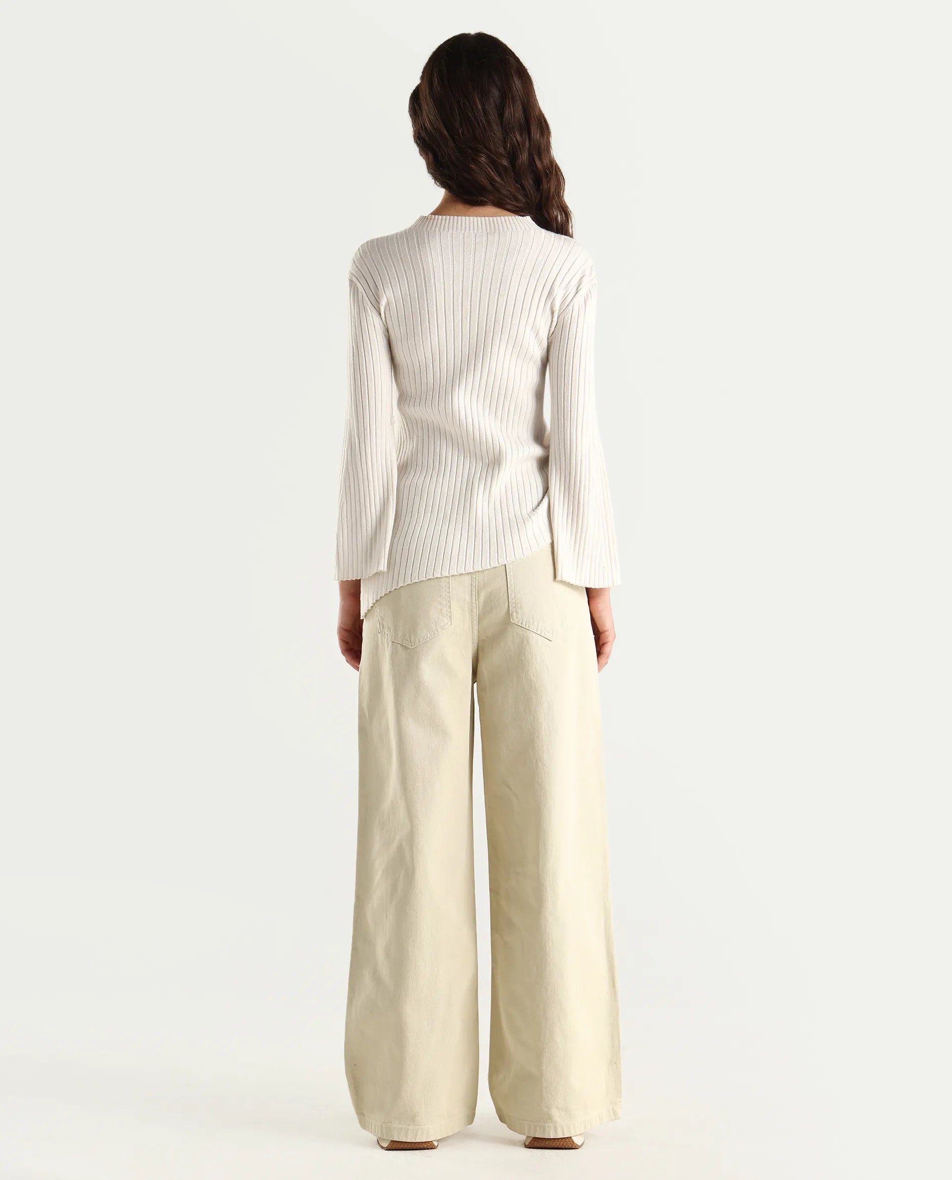 Rareism Women's Ronob Beige Cotton Blend Plain Ankle Length Wide Trouser