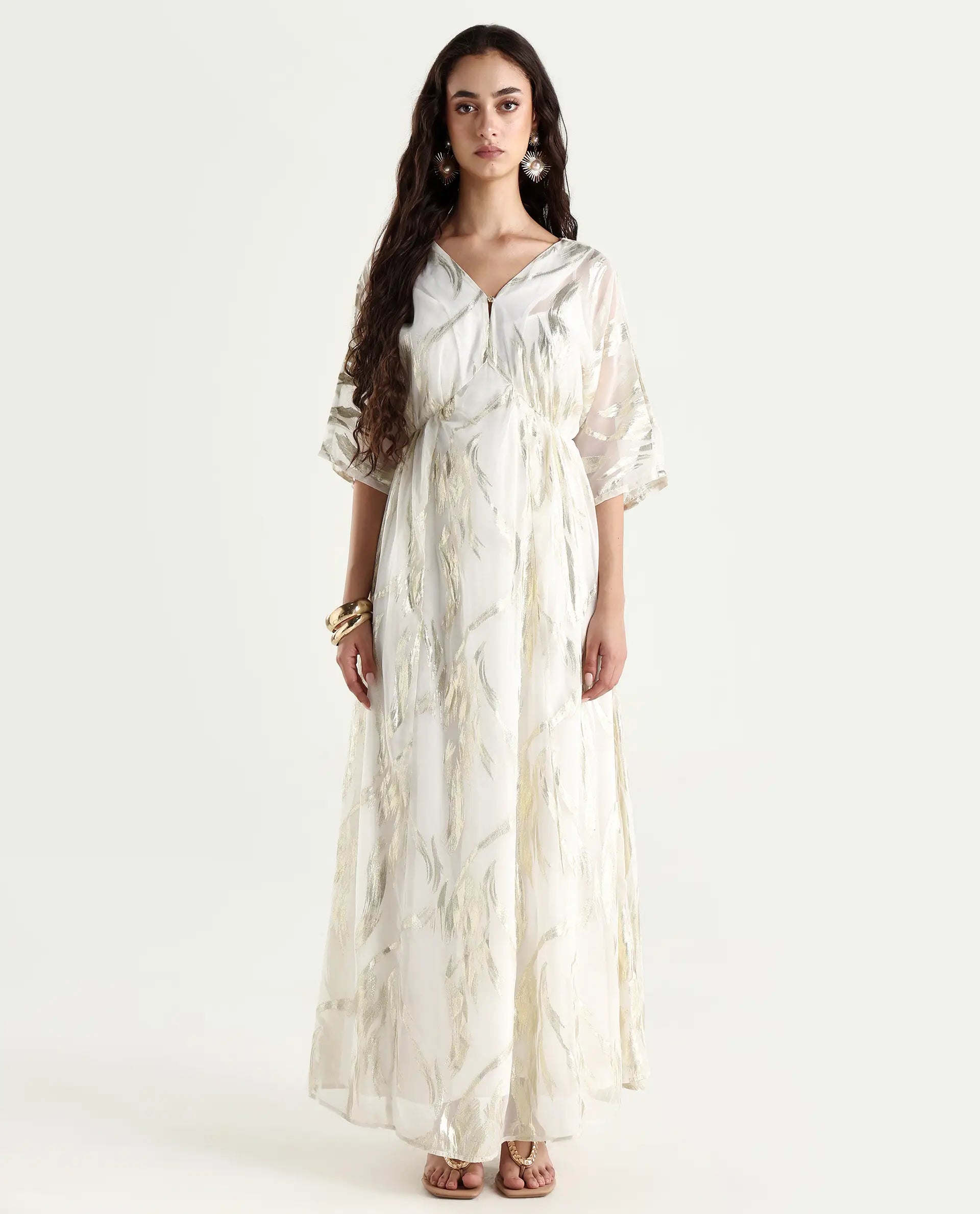 Rareism Women's Ronoli Off White Polyester V-Neck Textured Kimono Sleeve Maxi Flared Dress