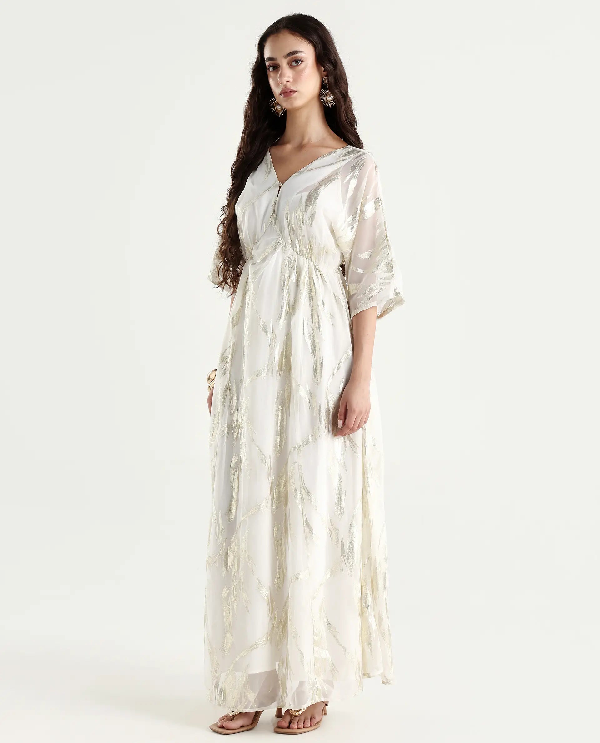 Rareism Women's Ronoli Off White Polyester V-Neck Textured Kimono Sleeve Maxi Flared Dress