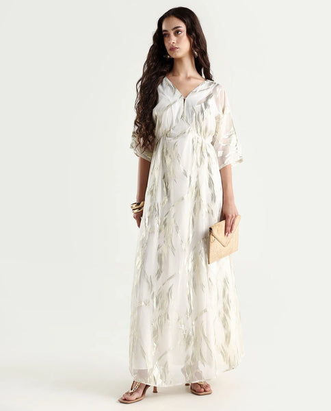 Rareism Women Tena Off White Viscose Fabric Full Sleeves Floral Print Lapel Neck Knee Length Shrug