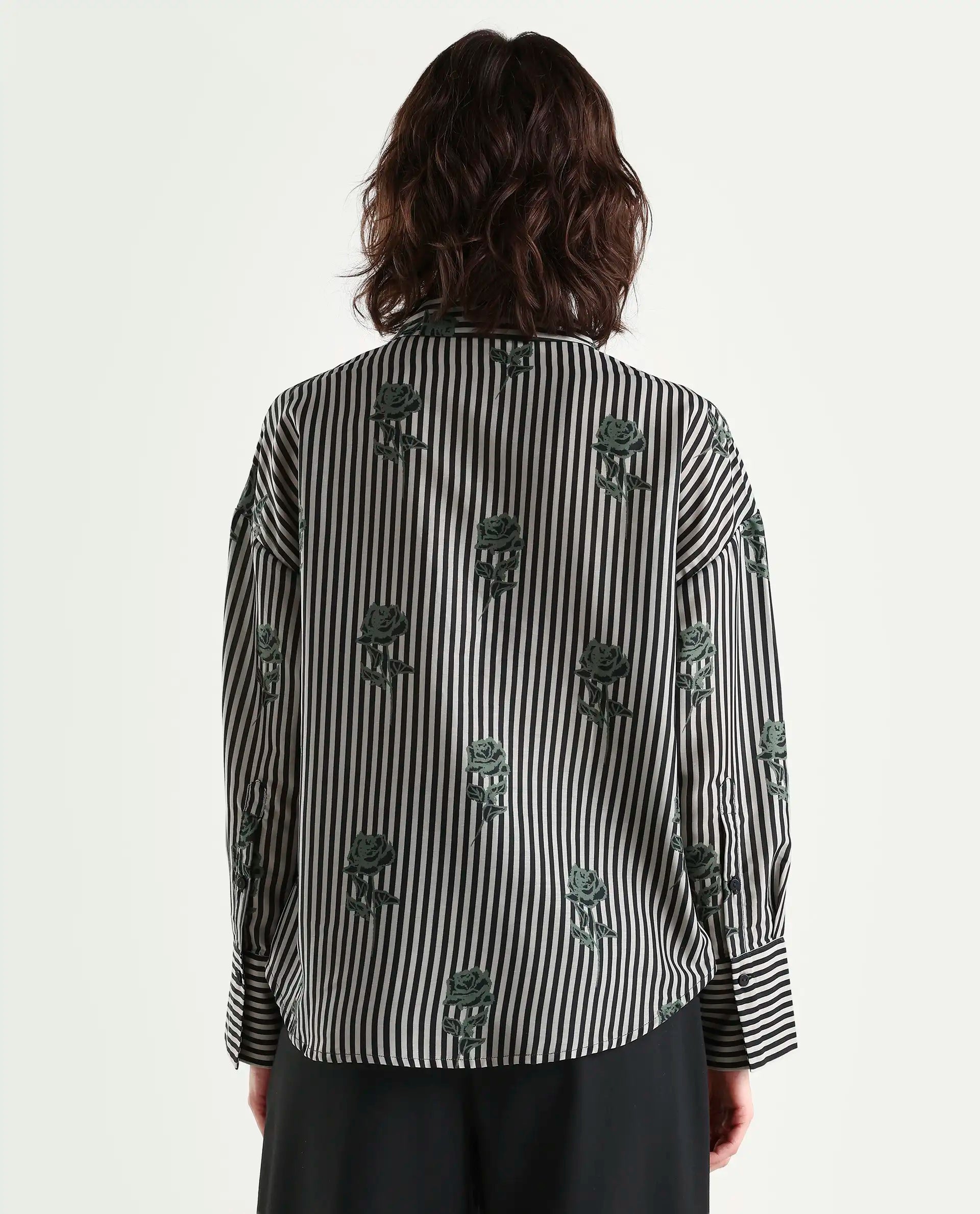 Rareism Women's Ronrayzo Dark Green Polyester Spread Collar Striped Cuffed Sleeve Regular Fit Shirt