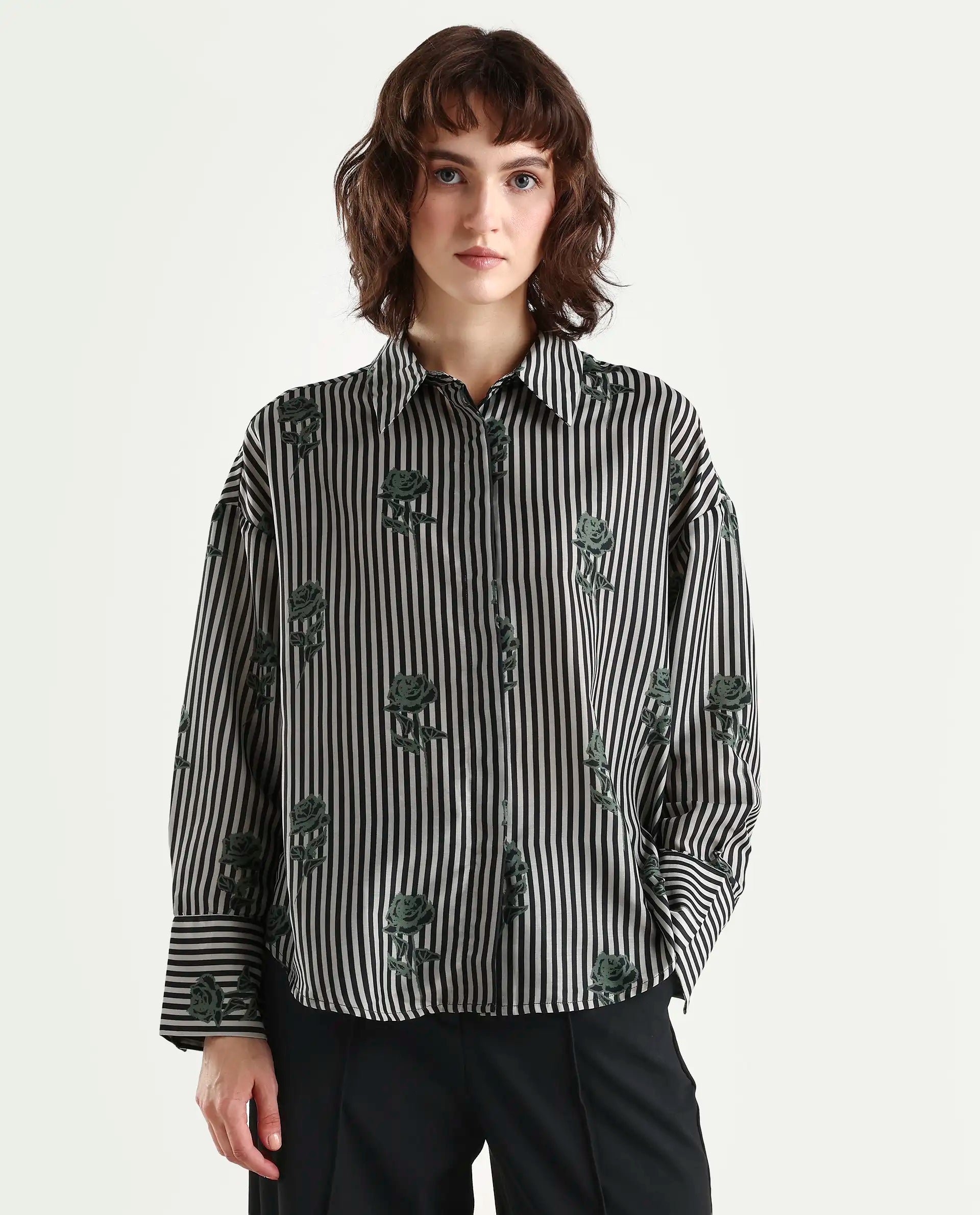 Rareism Women's Ronrayzo Dark Green Polyester Spread Collar Striped Cuffed Sleeve Regular Fit Shirt