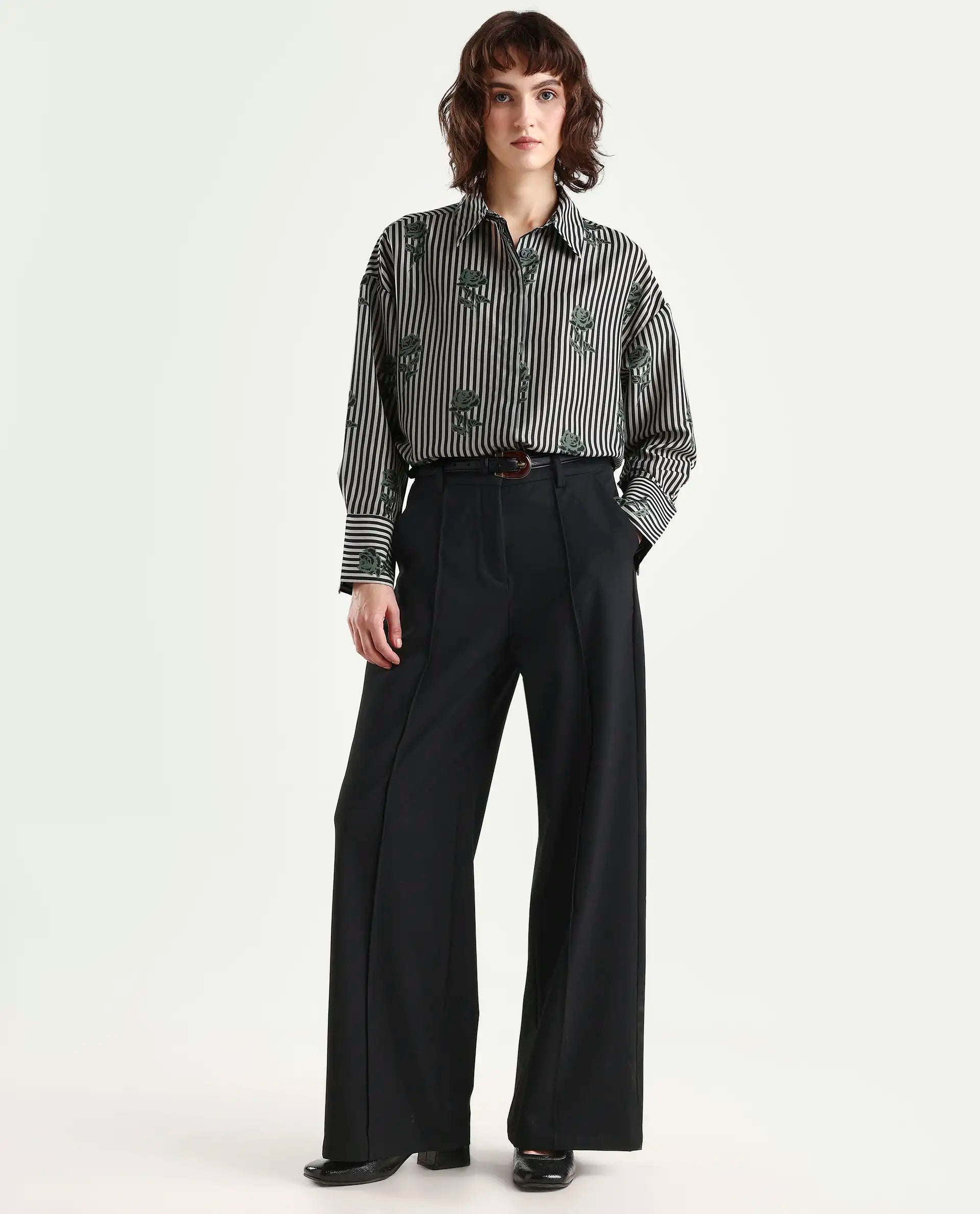 Rareism Women's Ronrayzo Dark Green Polyester Spread Collar Striped Cuffed Sleeve Regular Fit Shirt