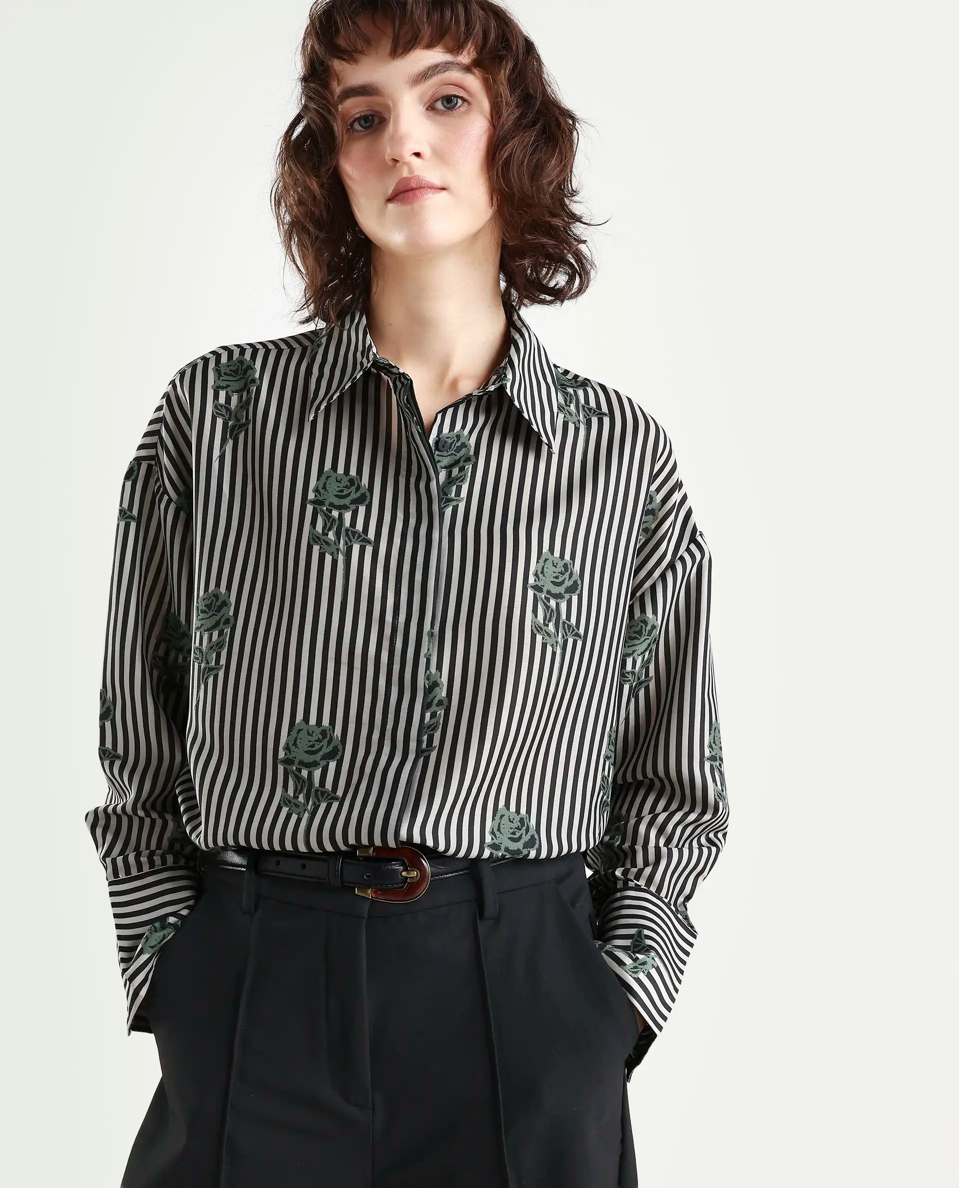 Rareism Women's Ronrayzo Dark Green Polyester Spread Collar Striped Cuffed Sleeve Regular Fit Shirt