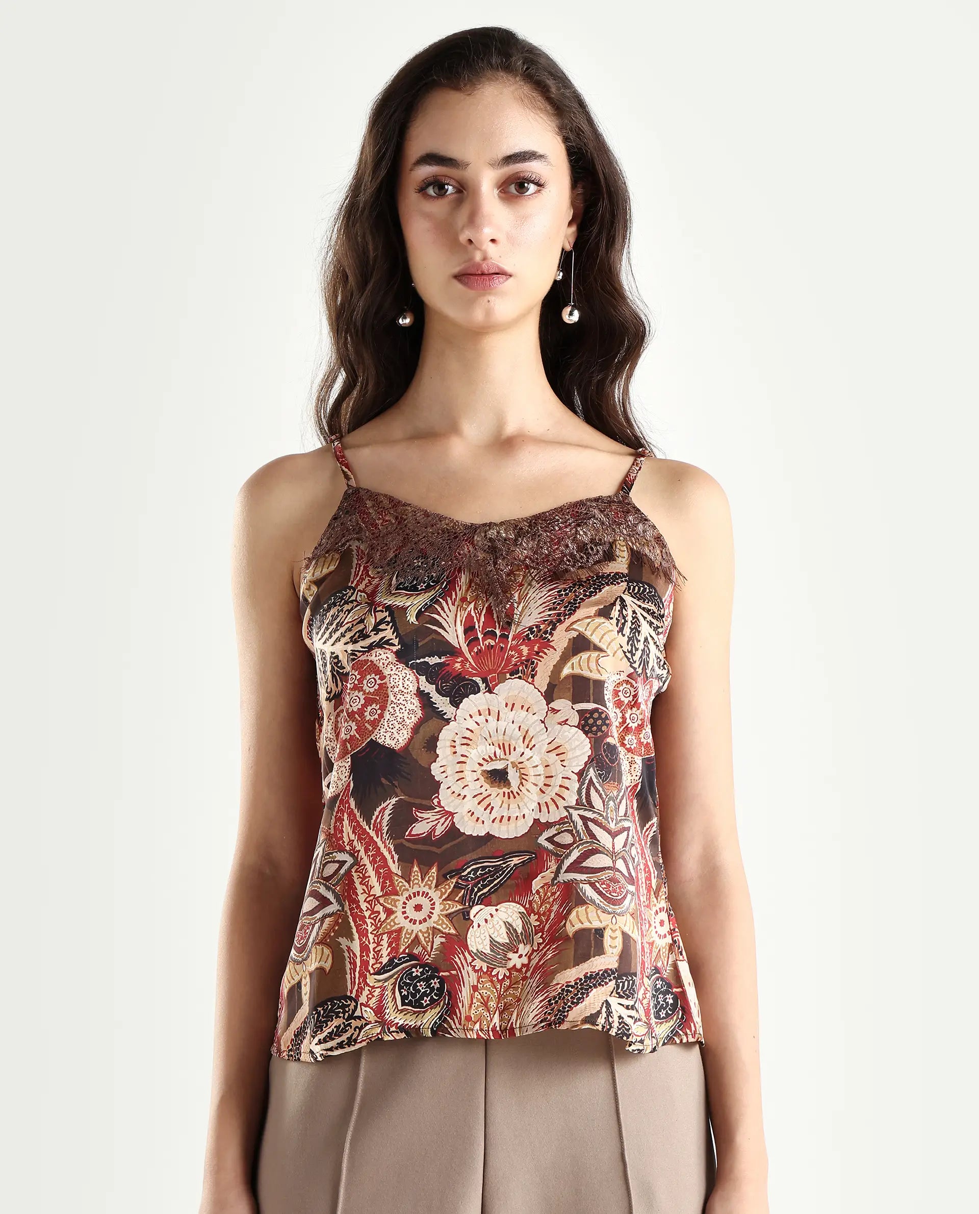 Rareism Women's Ronu Brown Polyester V-Neck Abstract Print Sleeveless Regular Fit Top