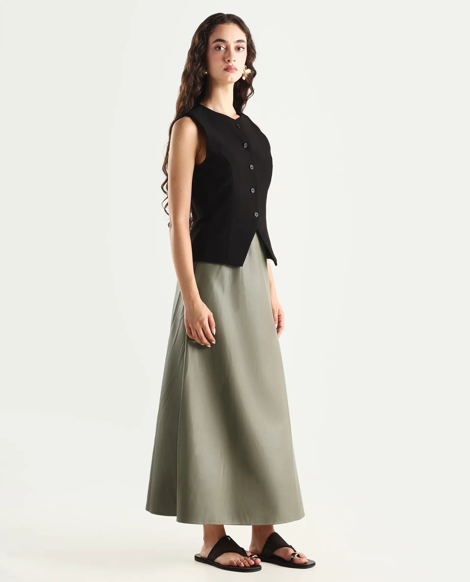 Rareism Women's Serdo Olive Polyester Dyed Midi Flared Skirt