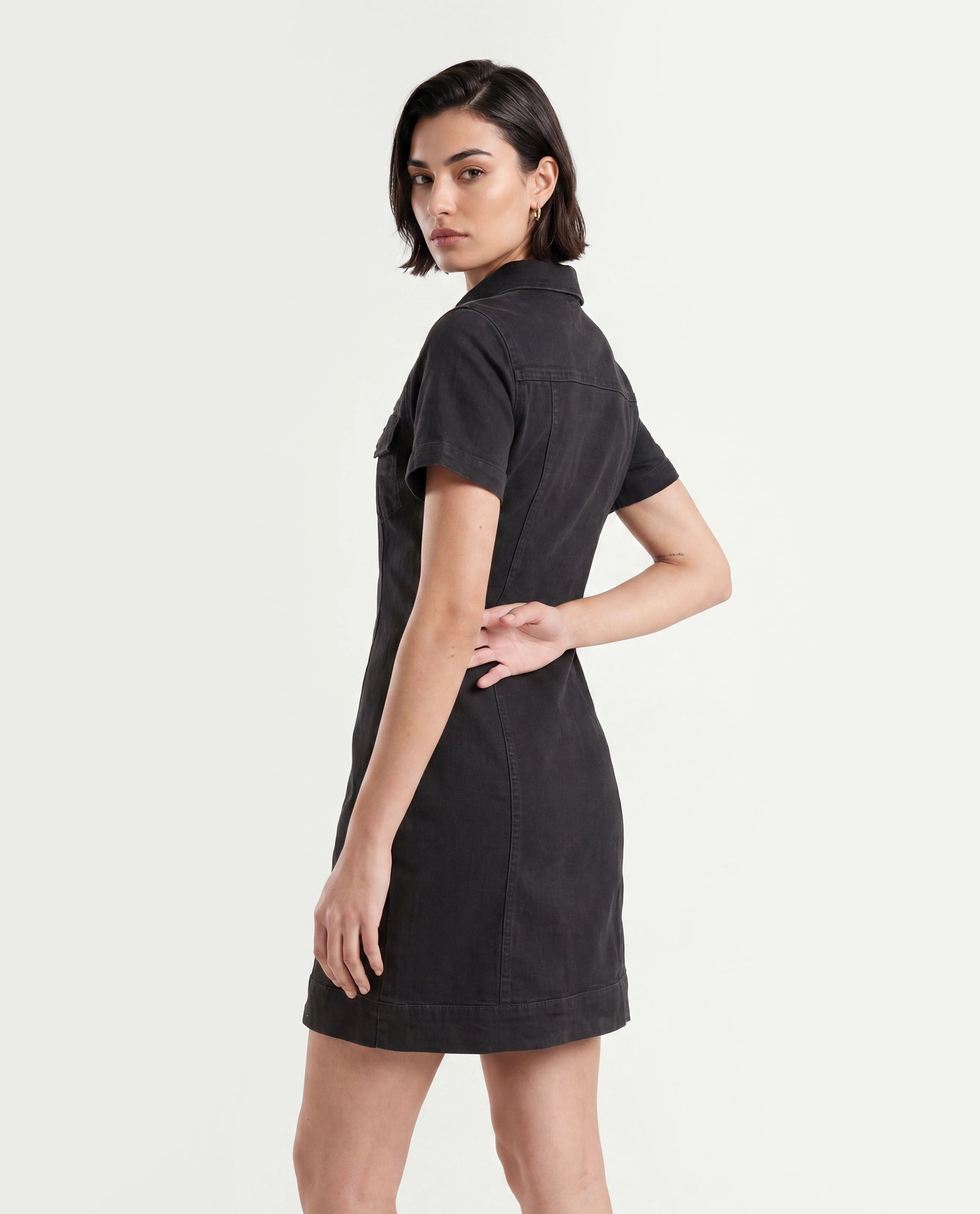 Rareism Women's Thio Black Cotton Blend Spread Collar Plain Knee Length Fitted Dress