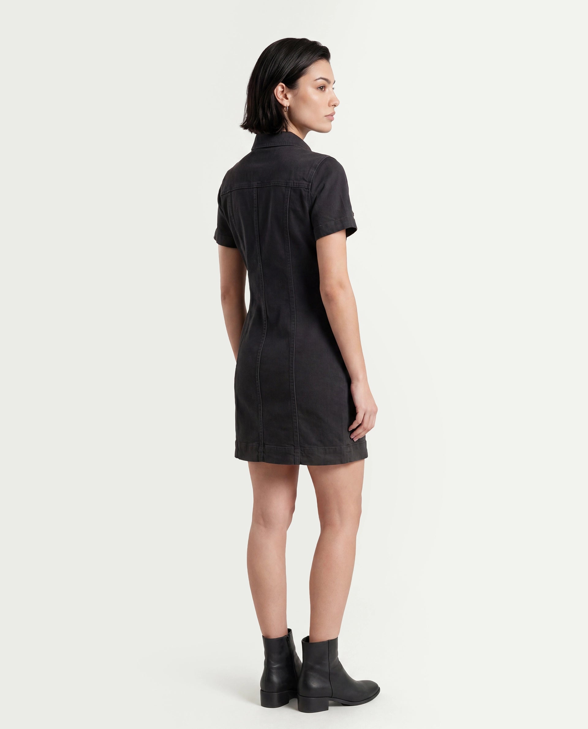 Rareism Women's Thio Black Cotton Blend Spread Collar Plain Knee Length Fitted Dress