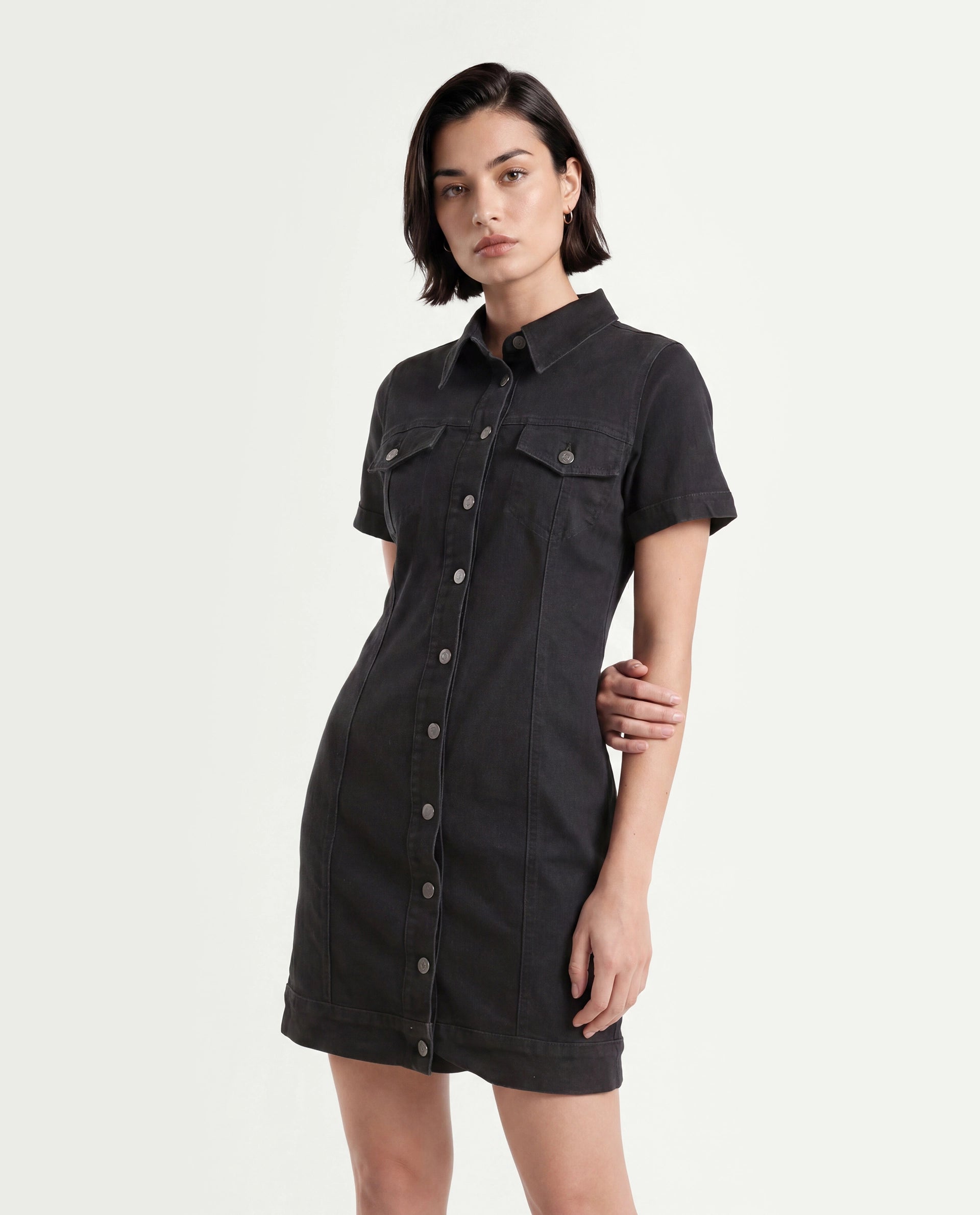 Rareism Women's Thio Black Cotton Blend Spread Collar Plain Knee Length Fitted Dress