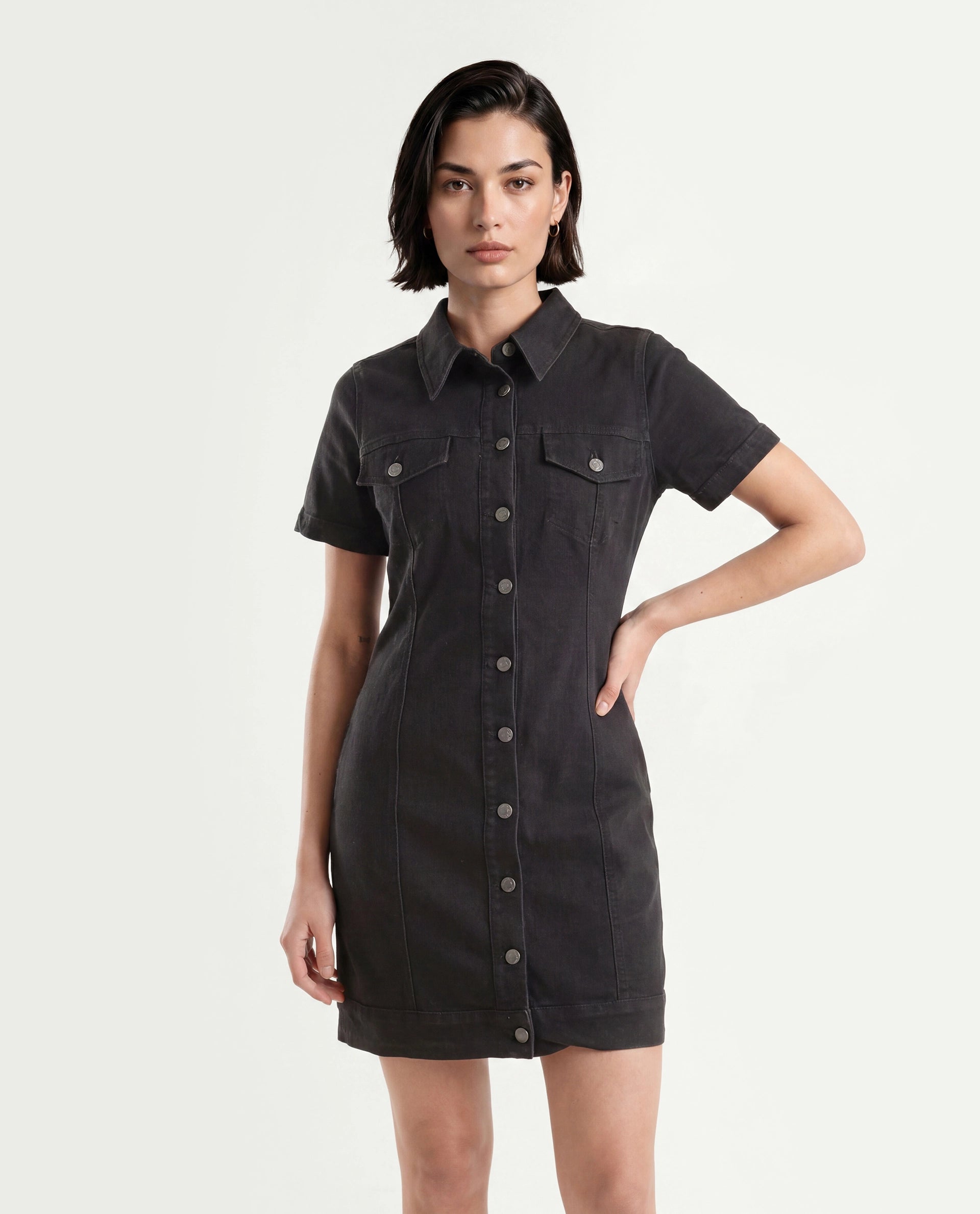 Rareism Women's Thio Black Cotton Blend Spread Collar Plain Knee Length Fitted Dress