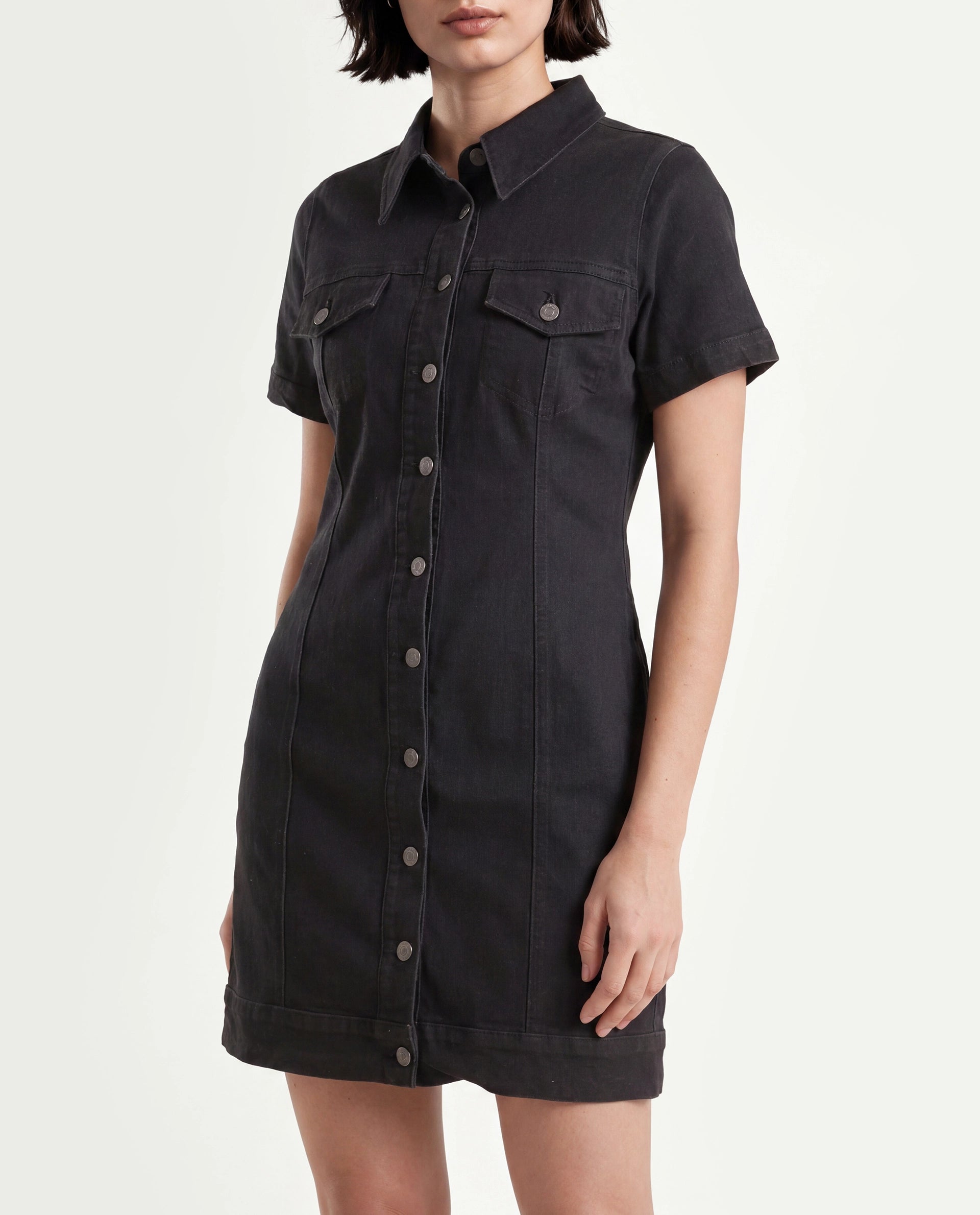 Rareism Women's Thio Black Cotton Blend Spread Collar Plain Knee Length Fitted Dress