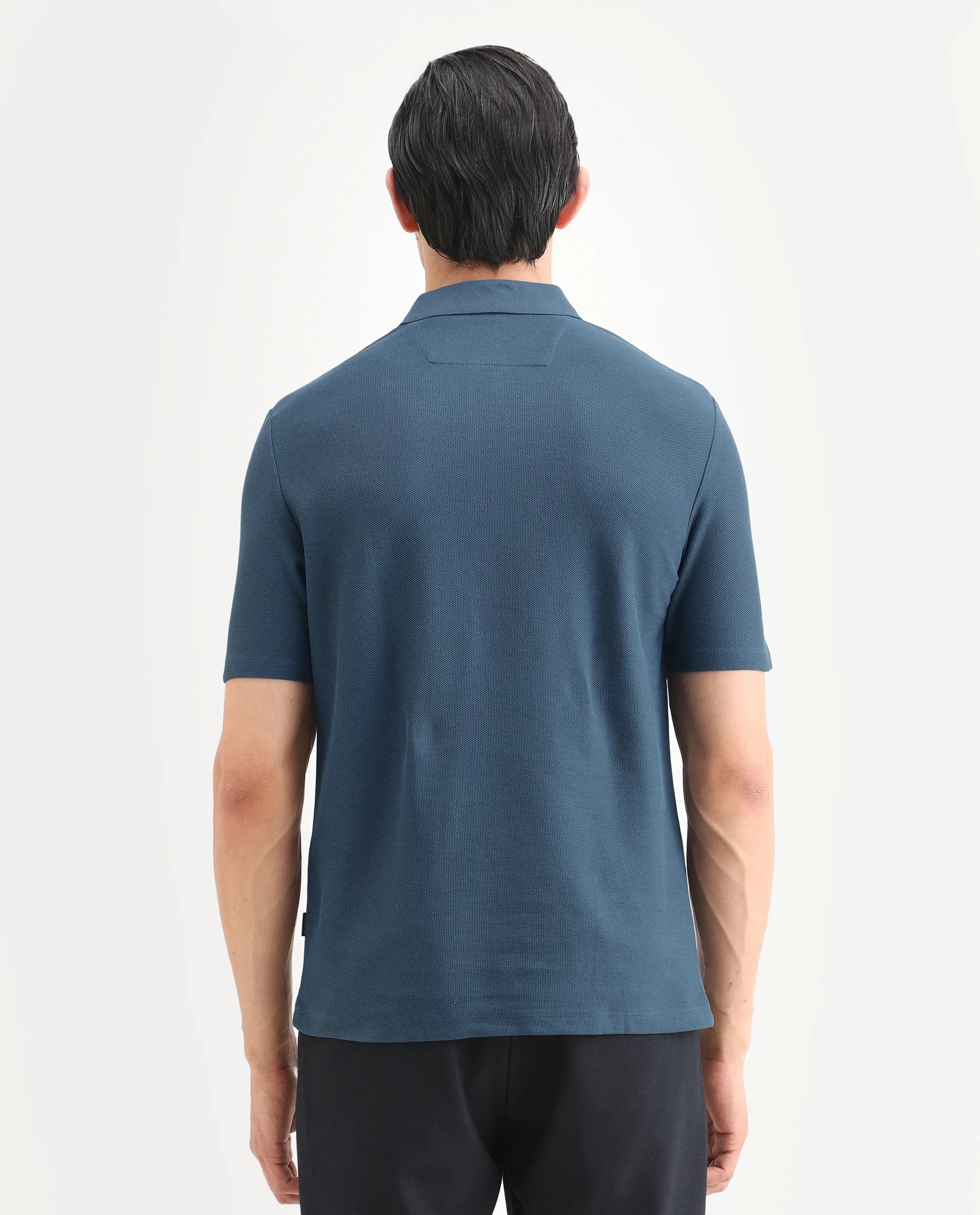 Rare Rabbit Men's Crin Blue Cotton Plain Regular Fit Half Sleeve Polo