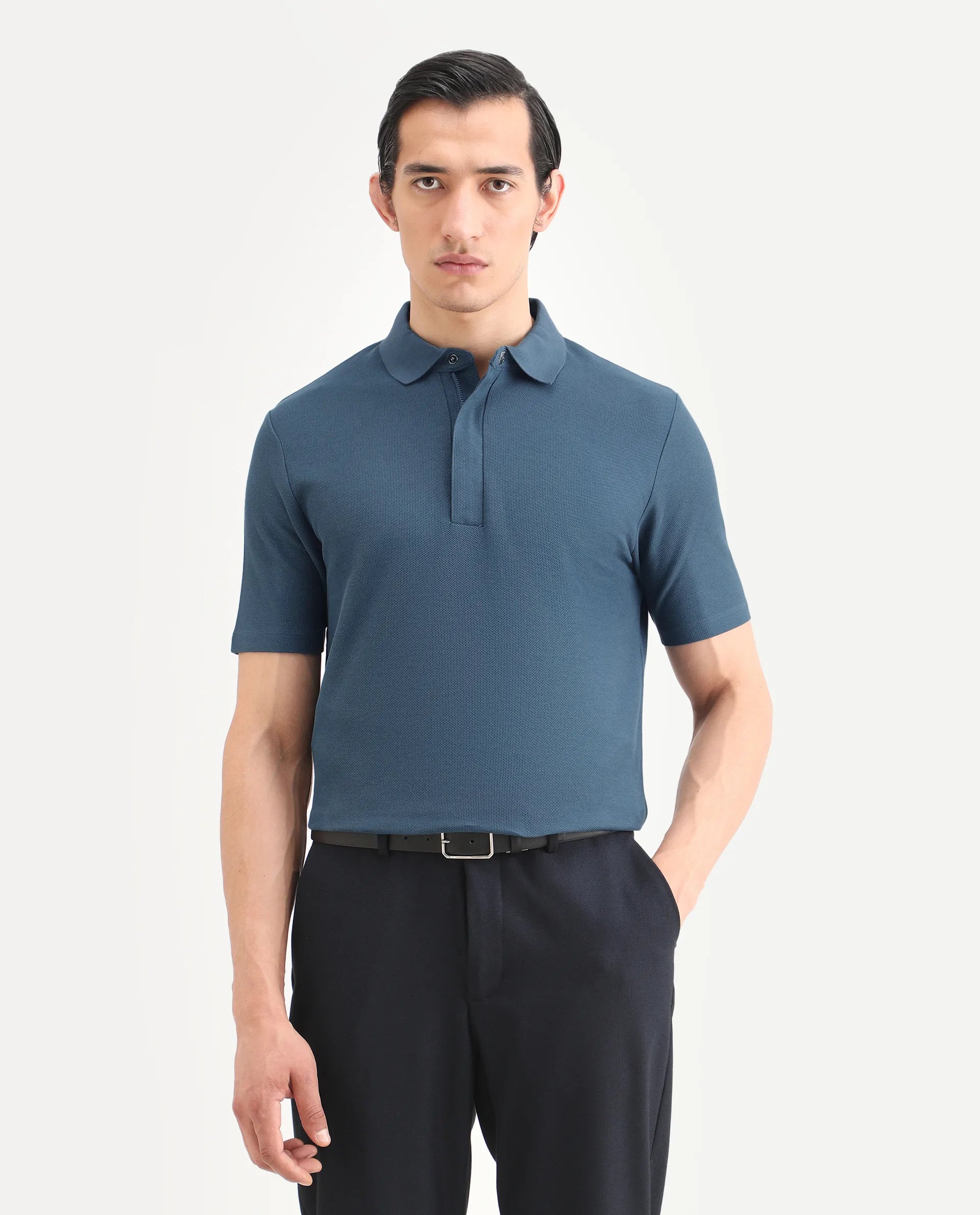 Rare Rabbit Men's Crin Blue Cotton Plain Regular Fit Half Sleeve Polo
