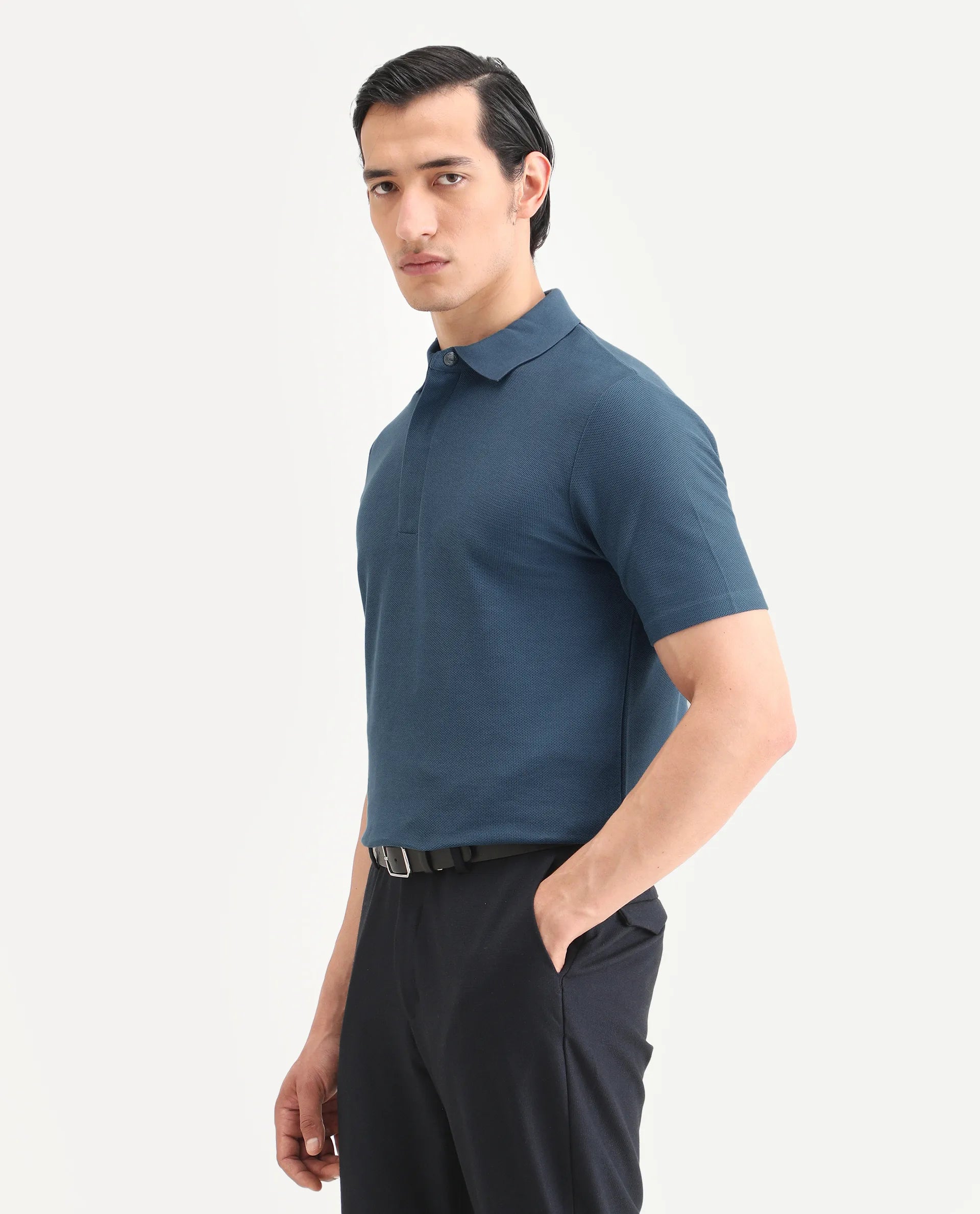Rare Rabbit Men's Crin Blue Cotton Plain Regular Fit Half Sleeve Polo