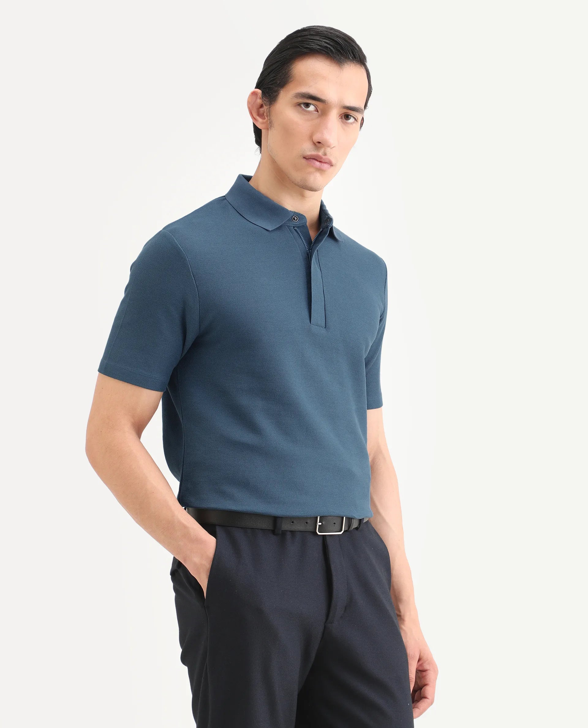 Rare Rabbit Men's Crin Blue Cotton Plain Regular Fit Half Sleeve Polo