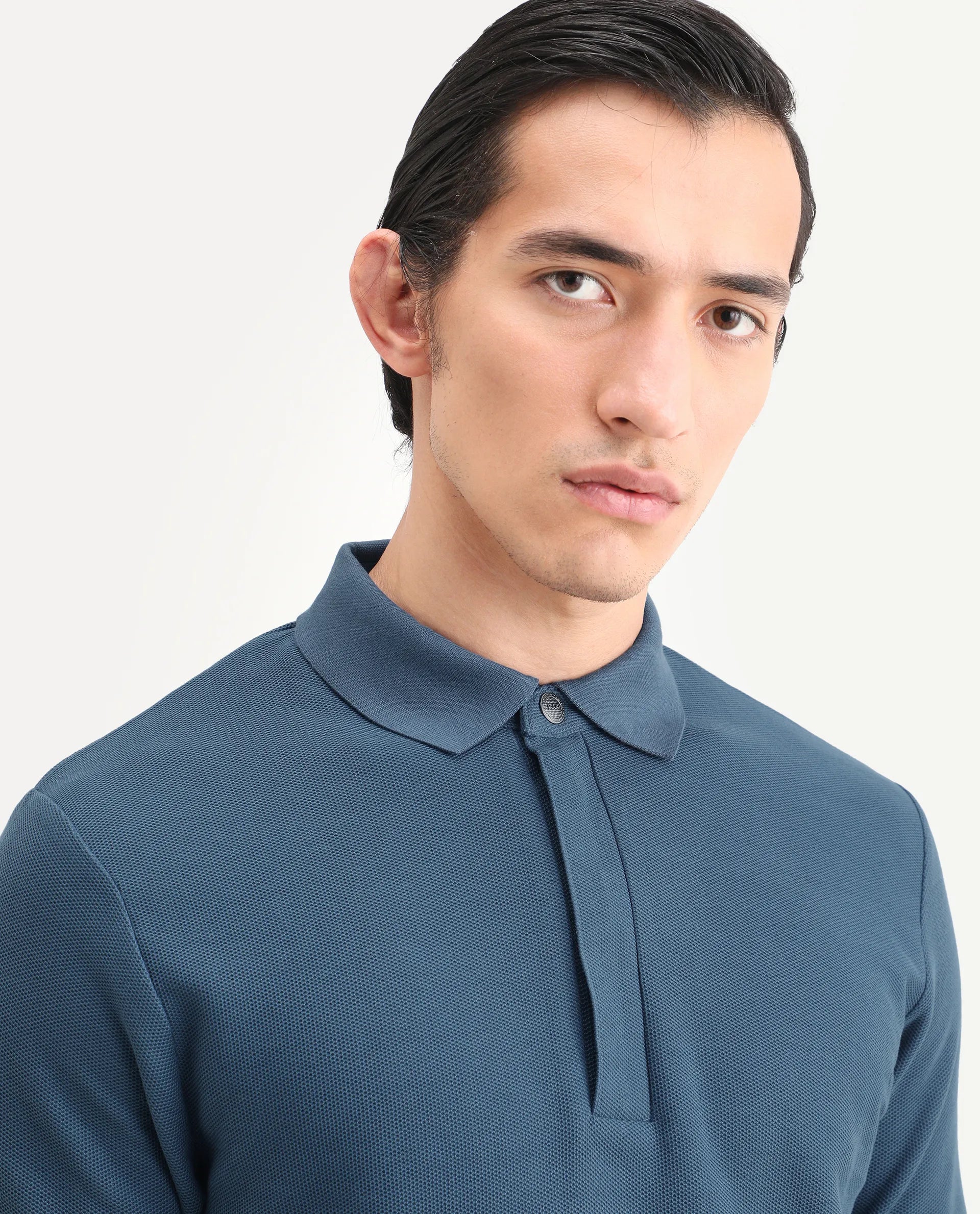 Rare Rabbit Men's Crin Blue Cotton Plain Regular Fit Half Sleeve Polo