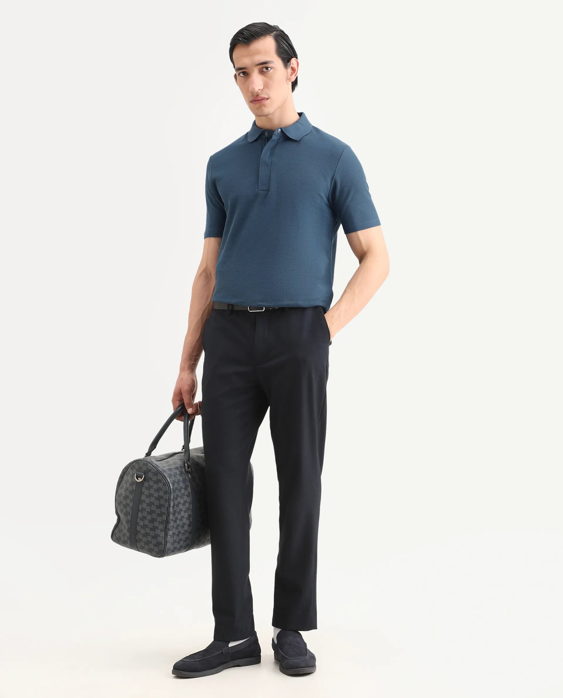 Rare Rabbit Men's Crin Blue Cotton Plain Regular Fit Half Sleeve Polo