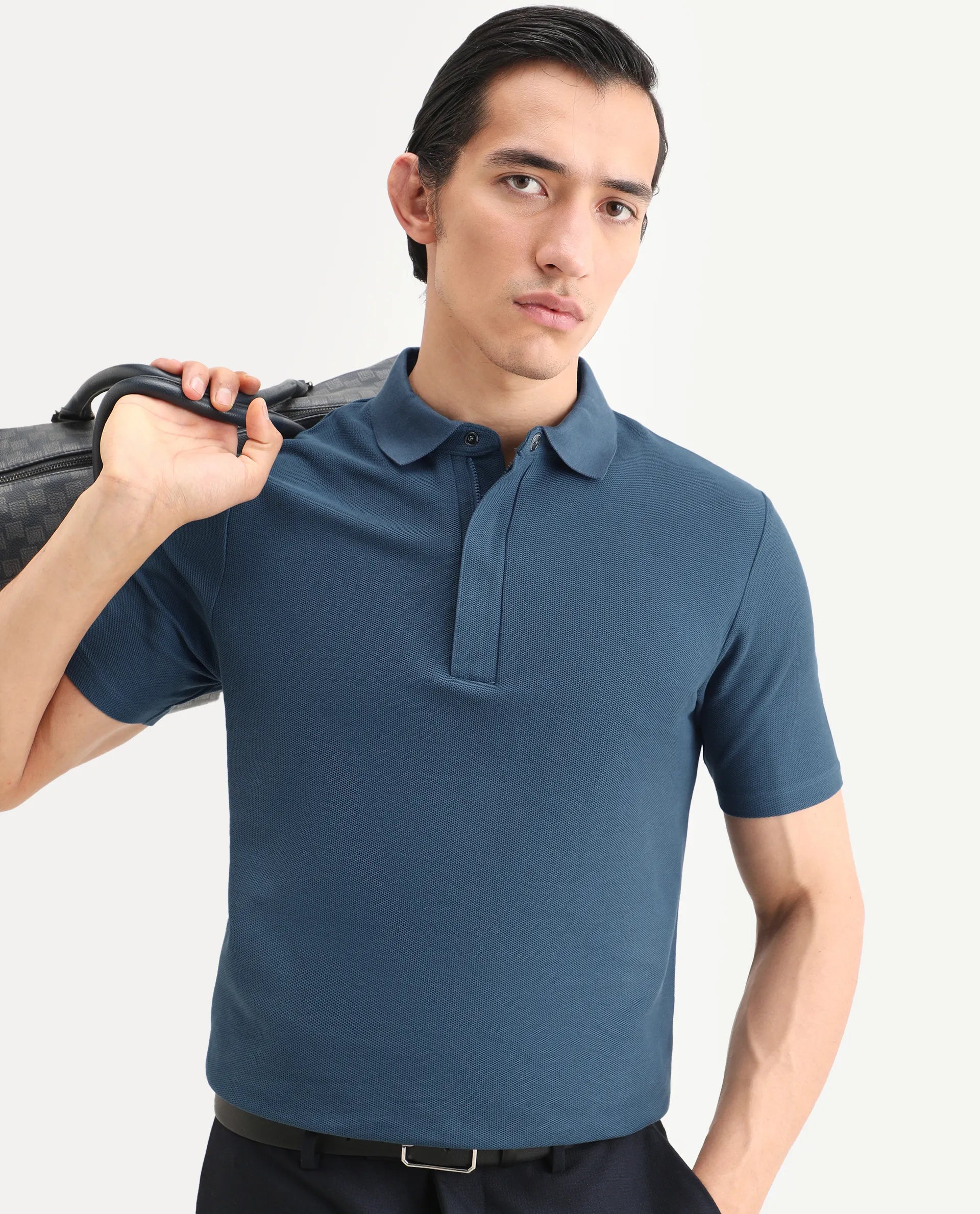 Rare Rabbit Men's Crin Blue Cotton Plain Regular Fit Half Sleeve Polo