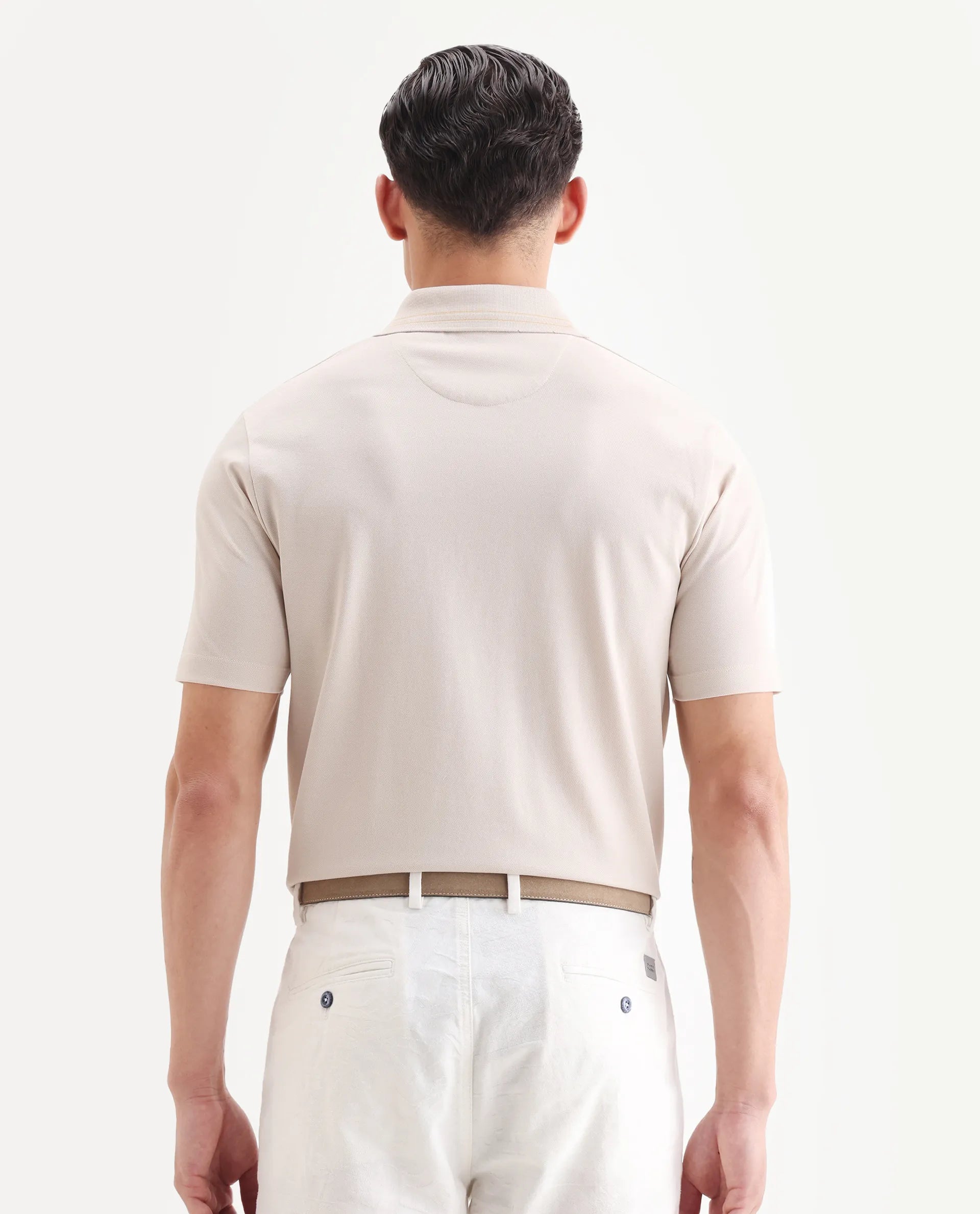 Rare Rabbit Men's Zire-25 Beige Cotton Plain Regular Fit Half Sleeve Polo