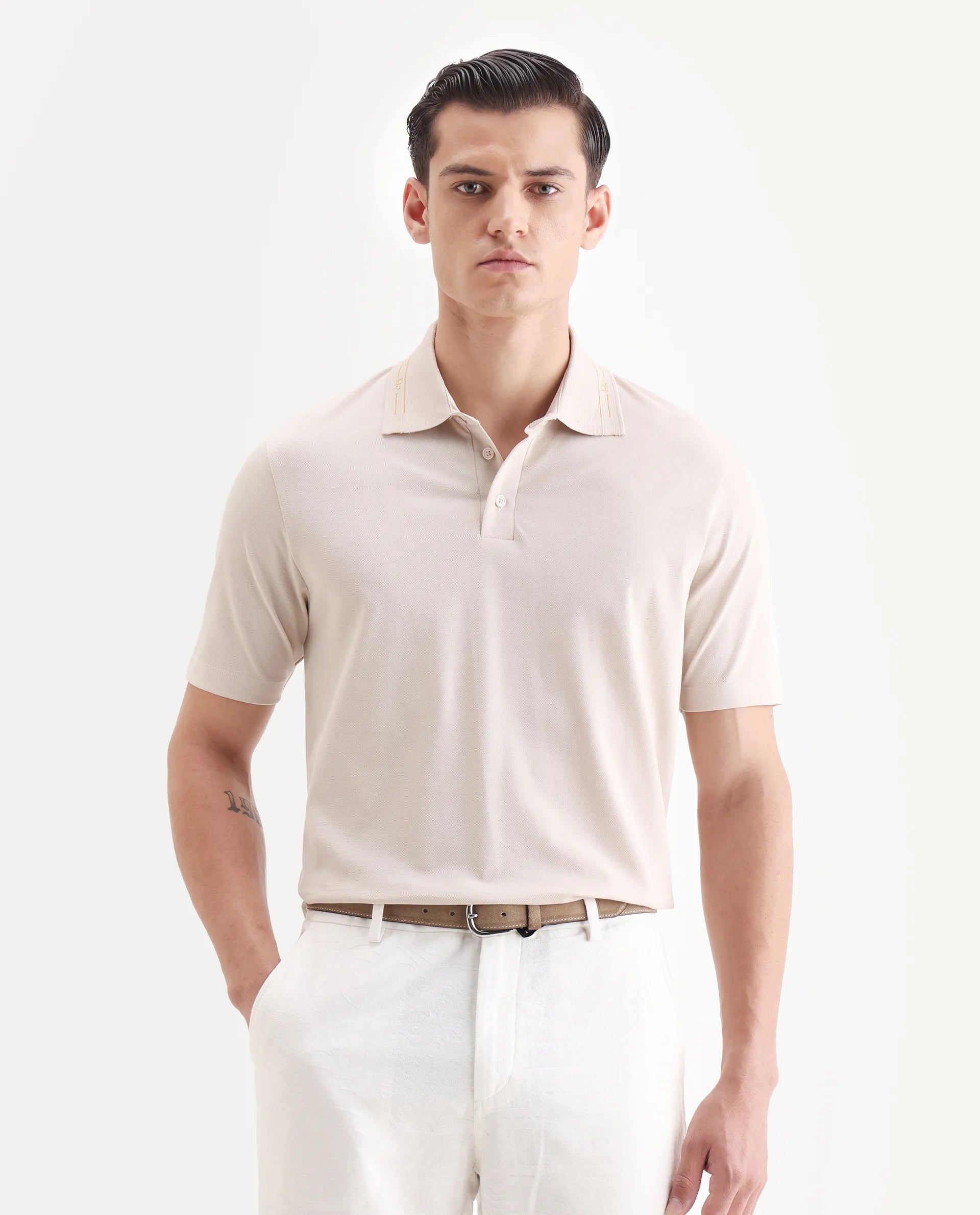 Rare Rabbit Men's Zire-25 Beige Cotton Plain Regular Fit Half Sleeve Polo