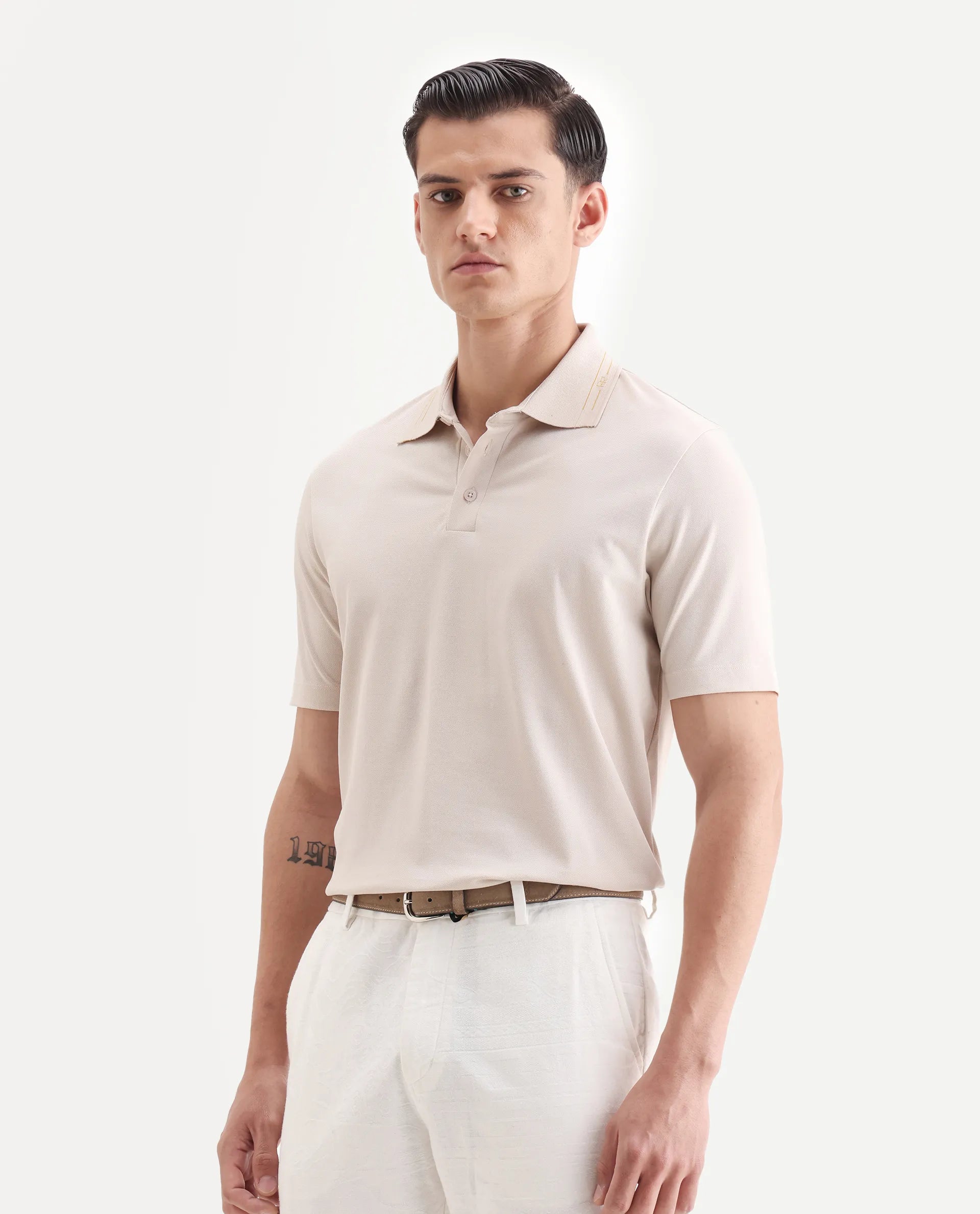 Rare Rabbit Men's Zire-25 Beige Cotton Plain Regular Fit Half Sleeve Polo