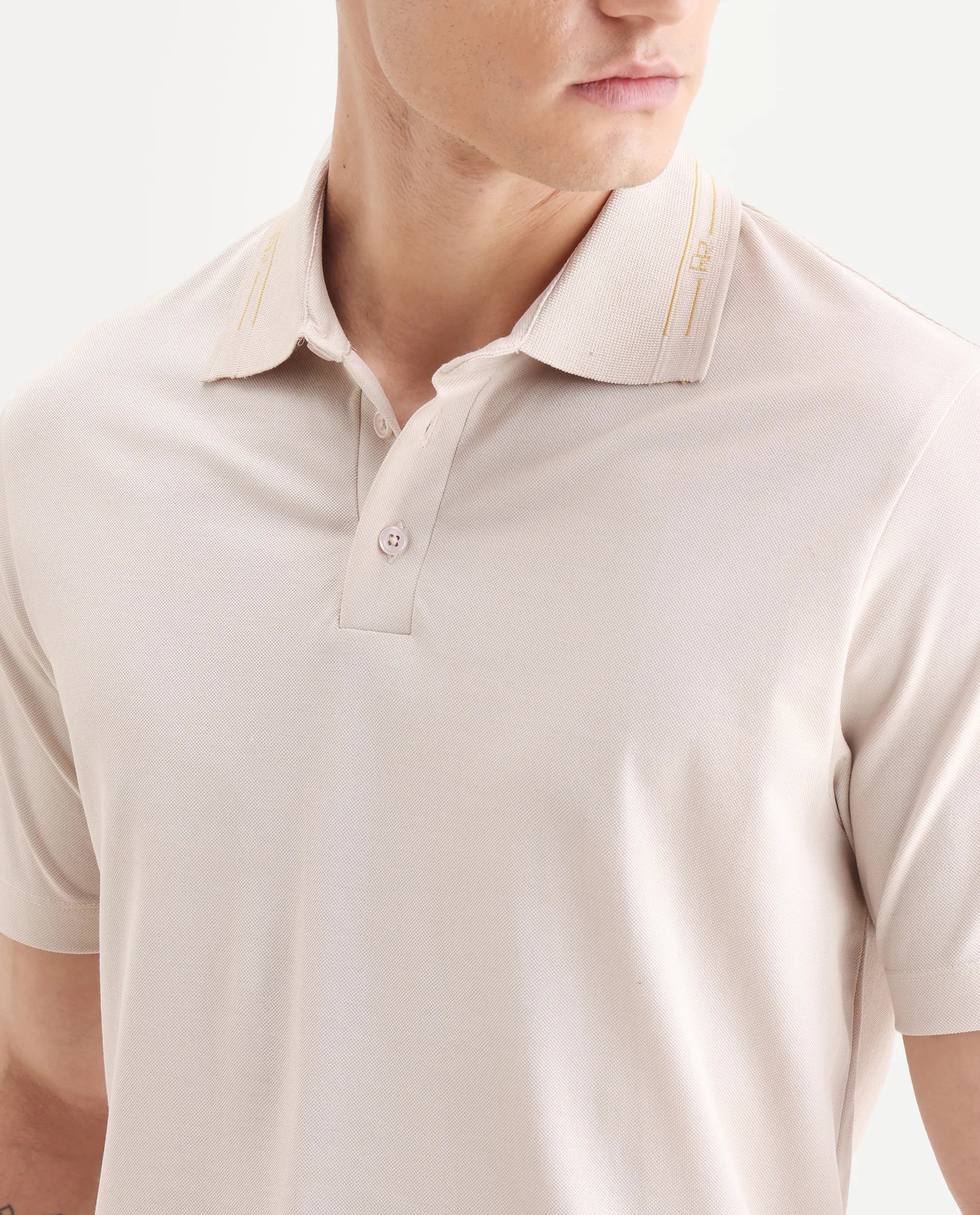 Rare Rabbit Men's Zire-25 Beige Cotton Plain Regular Fit Half Sleeve Polo