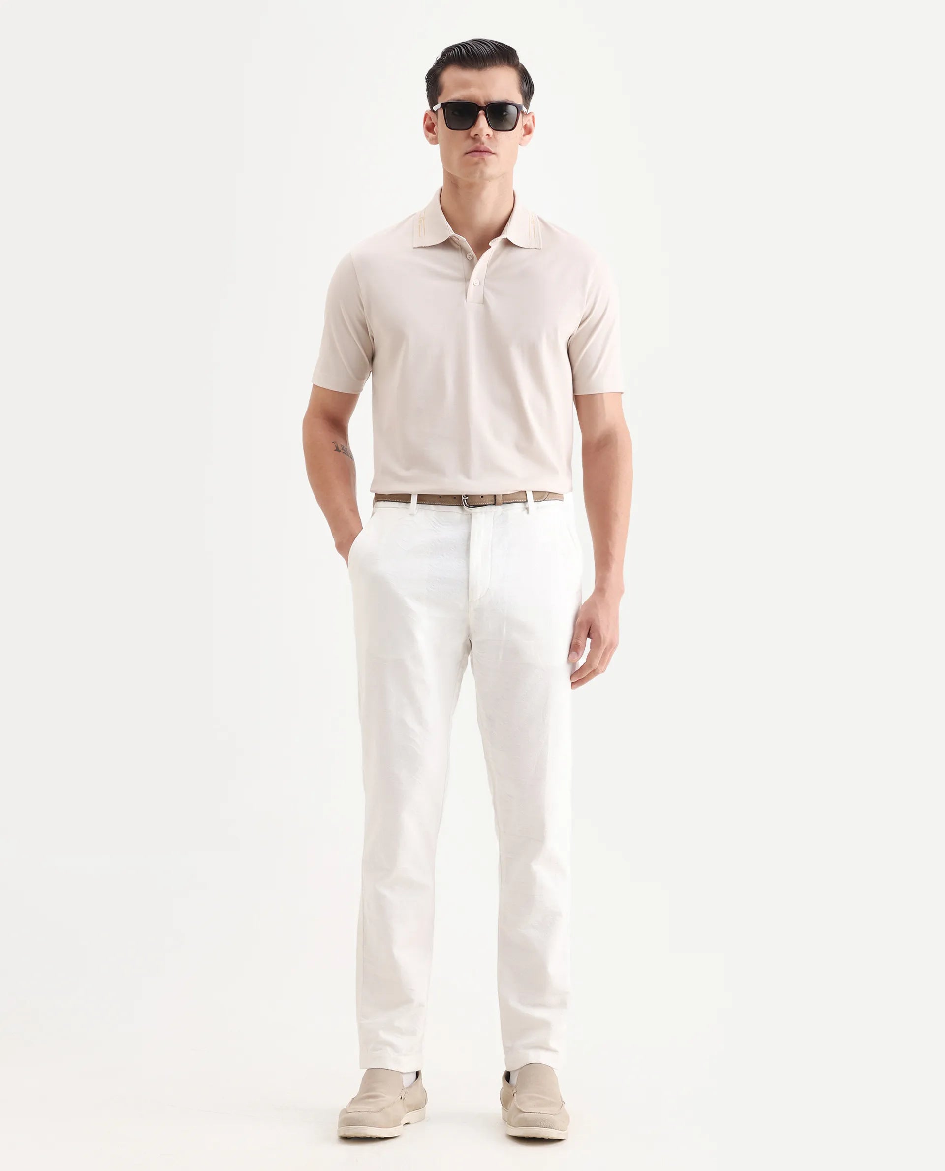 Rare Rabbit Men's Zire-25 Beige Cotton Plain Regular Fit Half Sleeve Polo