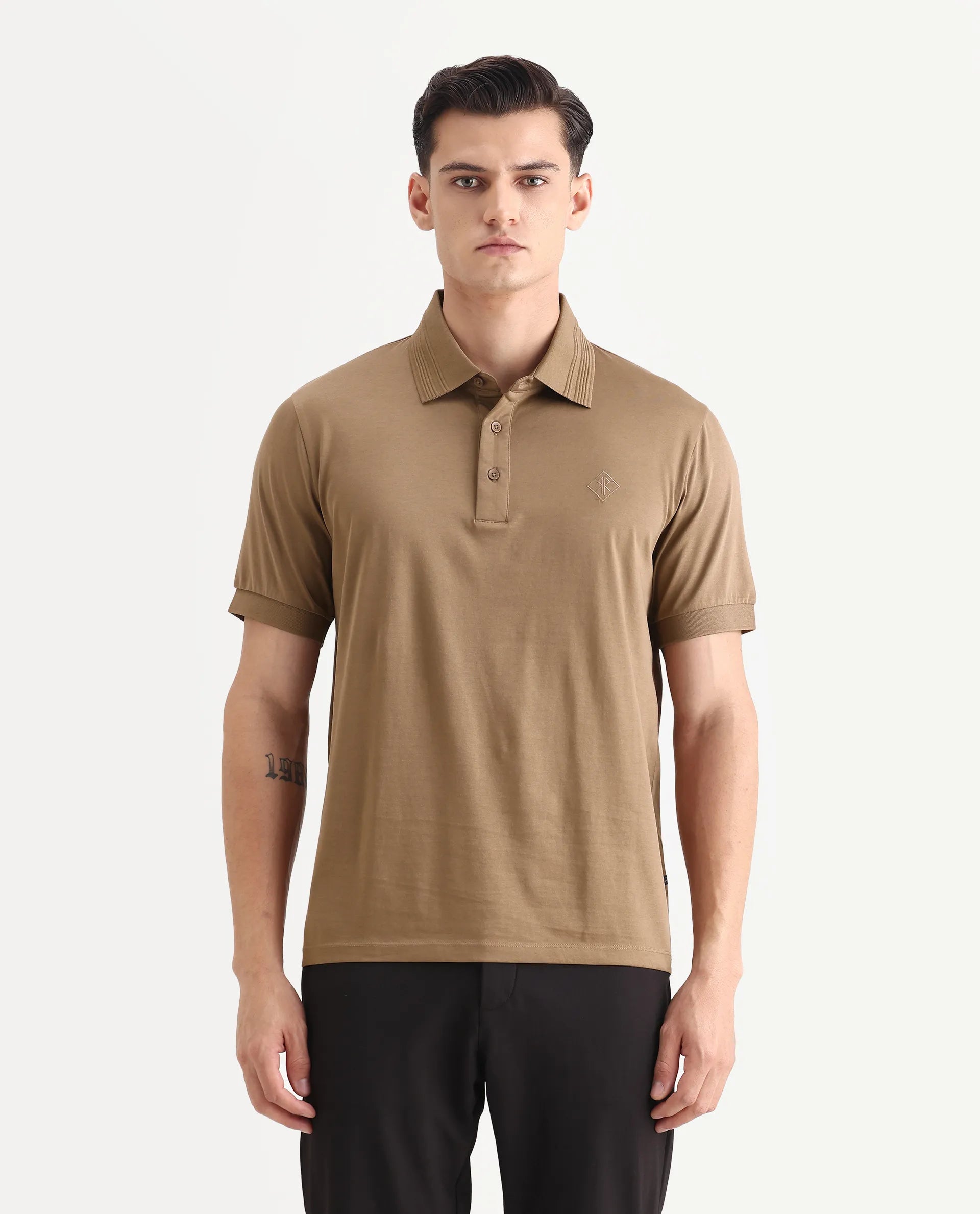 Rare Rabbit Men's Ripl Dusky Brown Cotton Plain Regular Fit Half Sleeve Polo