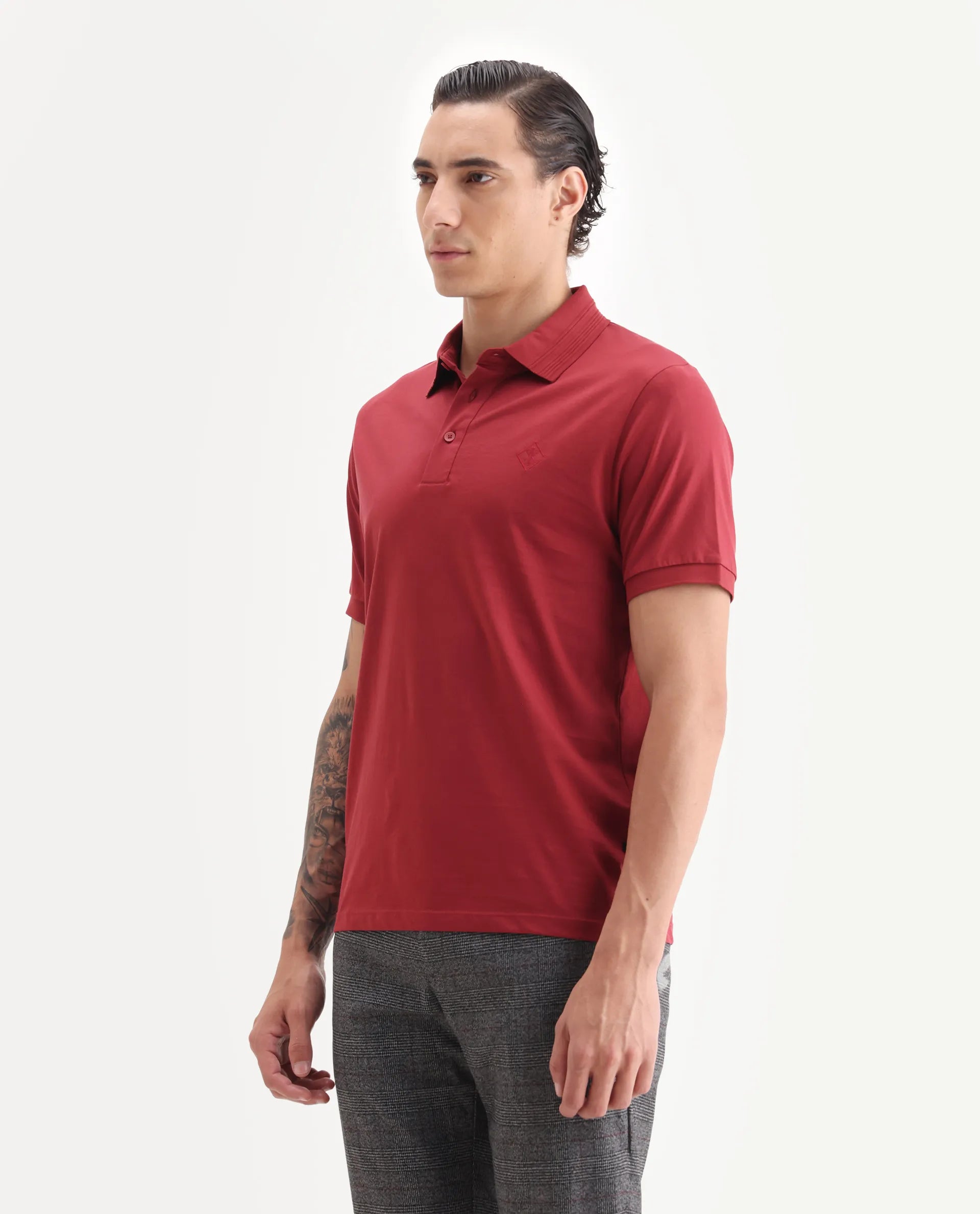 Rare Rabbit Men's Ripl Red Cotton Plain Regular Fit Half Sleeve Polo