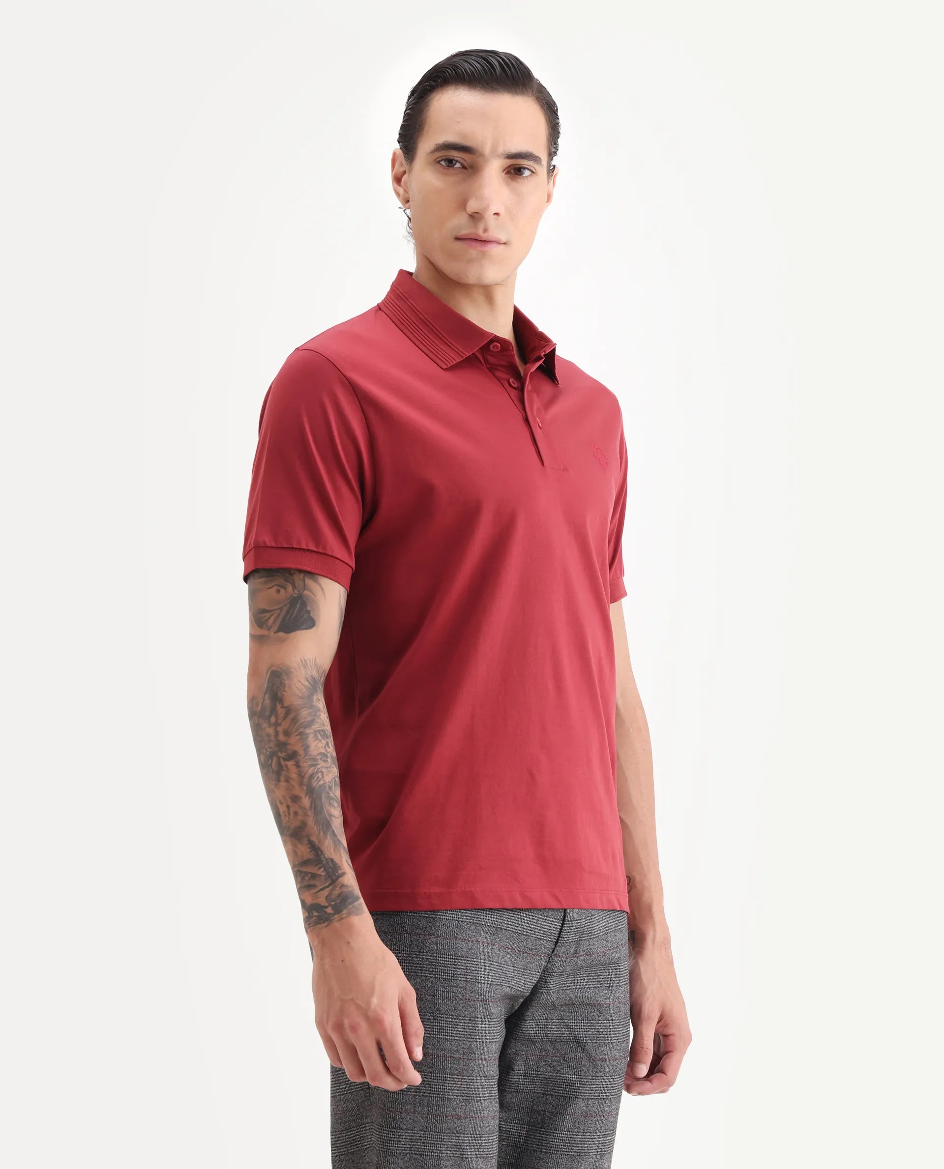 Rare Rabbit Men's Ripl Red Cotton Plain Regular Fit Half Sleeve Polo