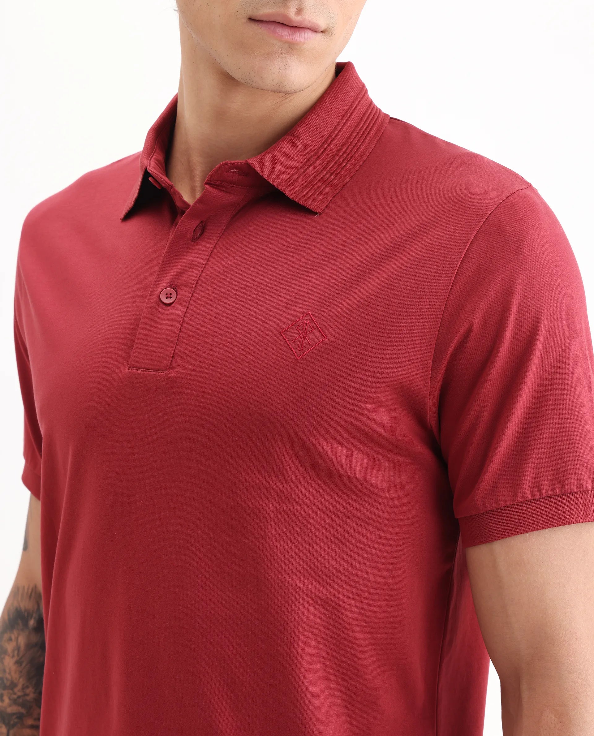 Rare Rabbit Men's Ripl Red Cotton Plain Regular Fit Half Sleeve Polo