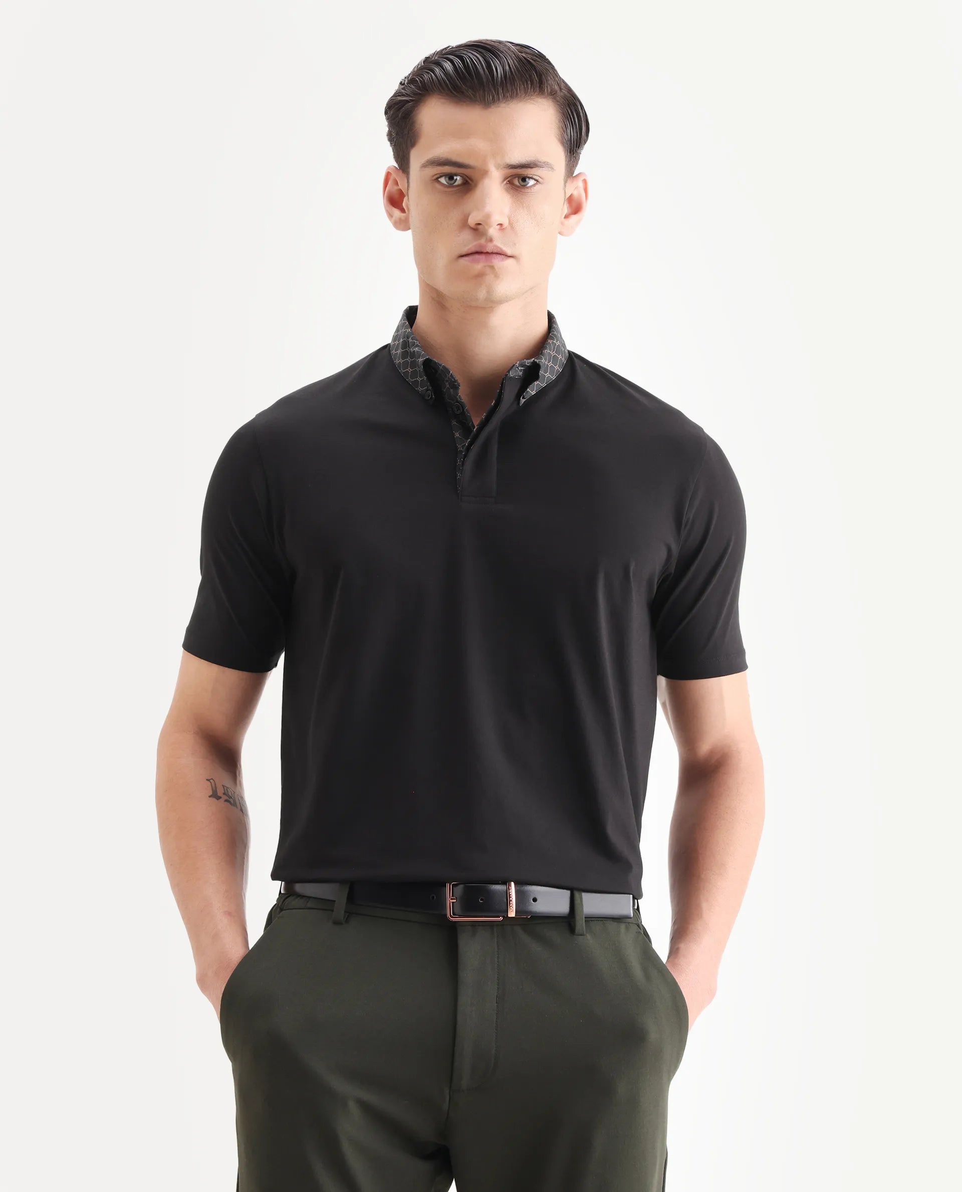 Rare Rabbit Men's Rinz Black Cotton Blend Plain Regular Fit Half Sleeve Polo
