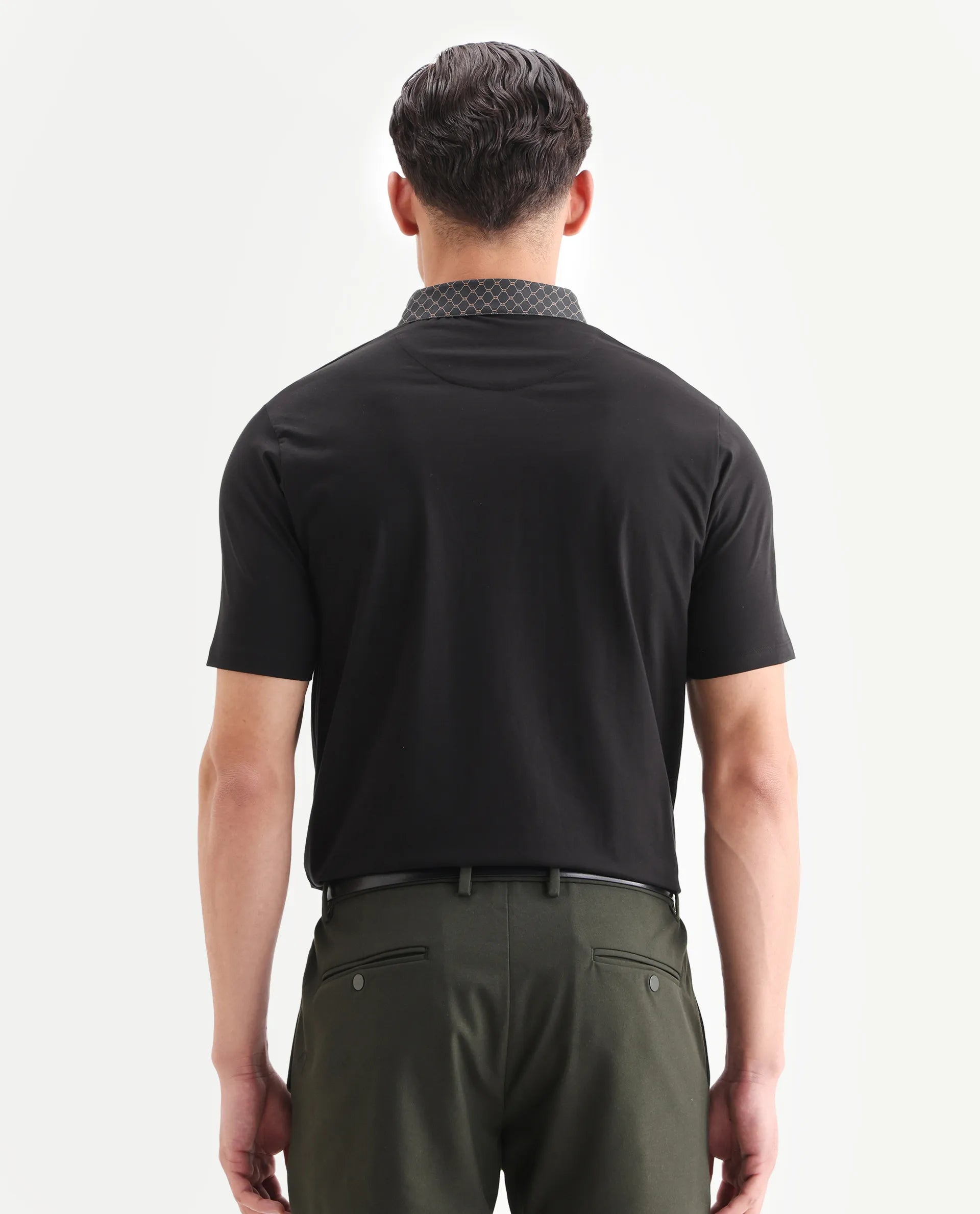 Rare Rabbit Men's Rinz Black Cotton Blend Plain Regular Fit Half Sleeve Polo